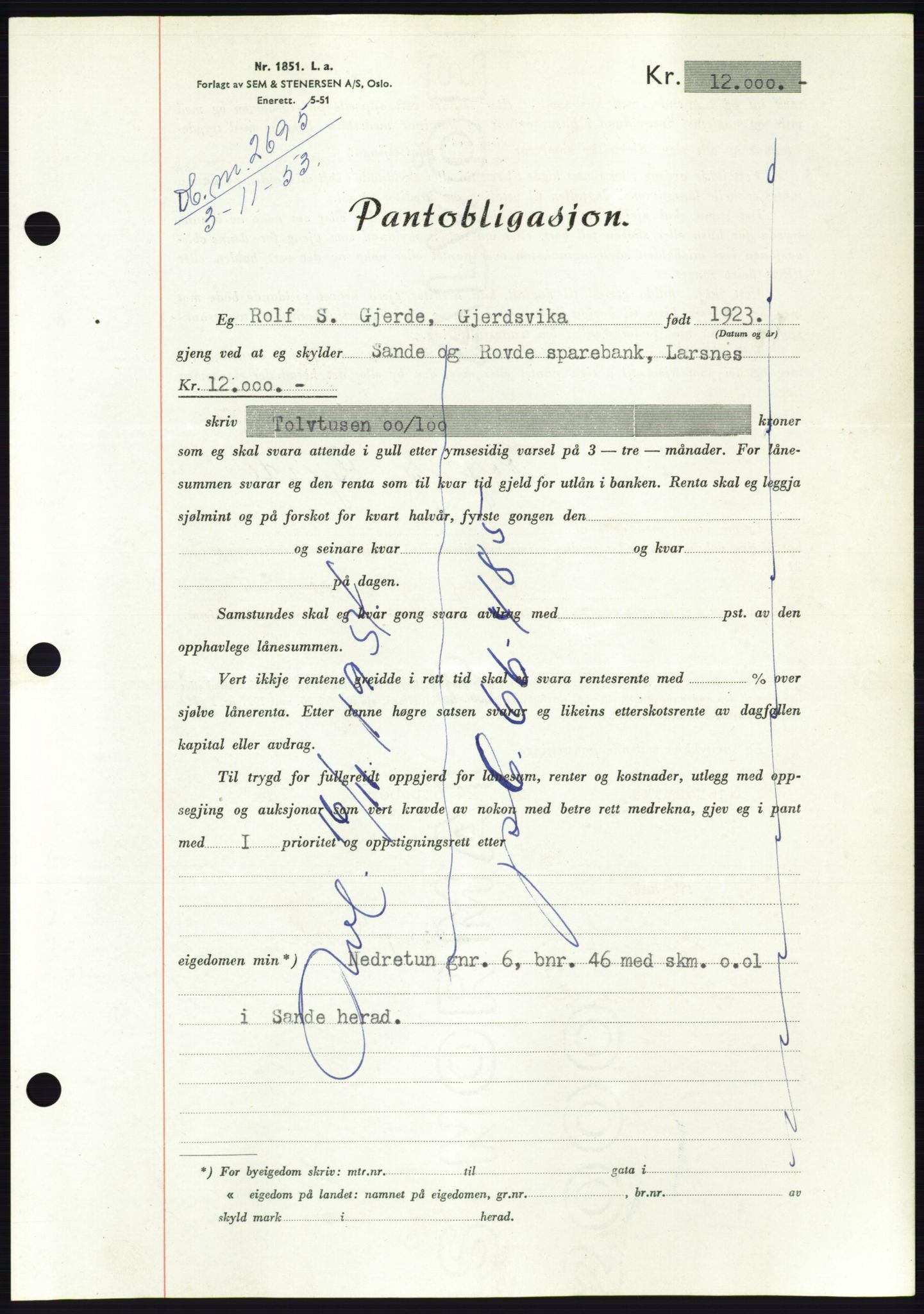 Søre Sunnmøre sorenskriveri, AV/SAT-A-4122/1/2/2C/L0124: Pantebok nr. 12B, 1953-1954, Dagboknr: 2695/1953