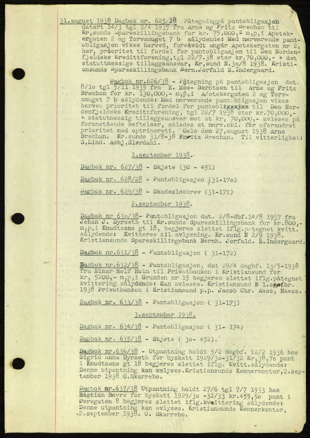 Kristiansund byfogd, AV/SAT-A-4587/A/27: Pantebok nr. 32a, 1938-1946, Dagboknr: 625/1938