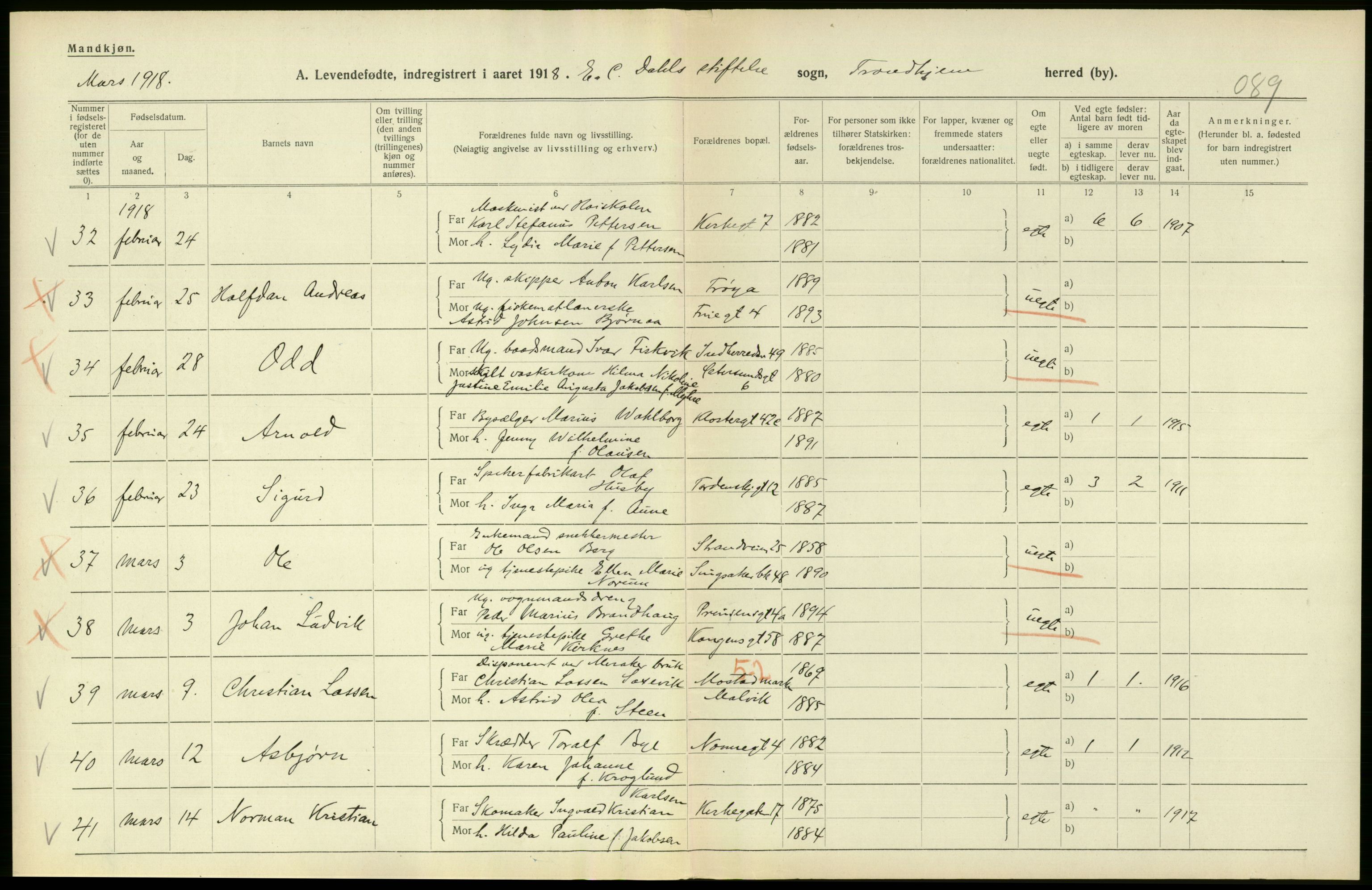 Statistisk sentralbyrå, Sosiodemografiske emner, Befolkning, RA/S-2228/D/Df/Dfb/Dfbh/L0048: Trondheim: Levendefødte menn og kvinner, gifte., 1918, s. 450