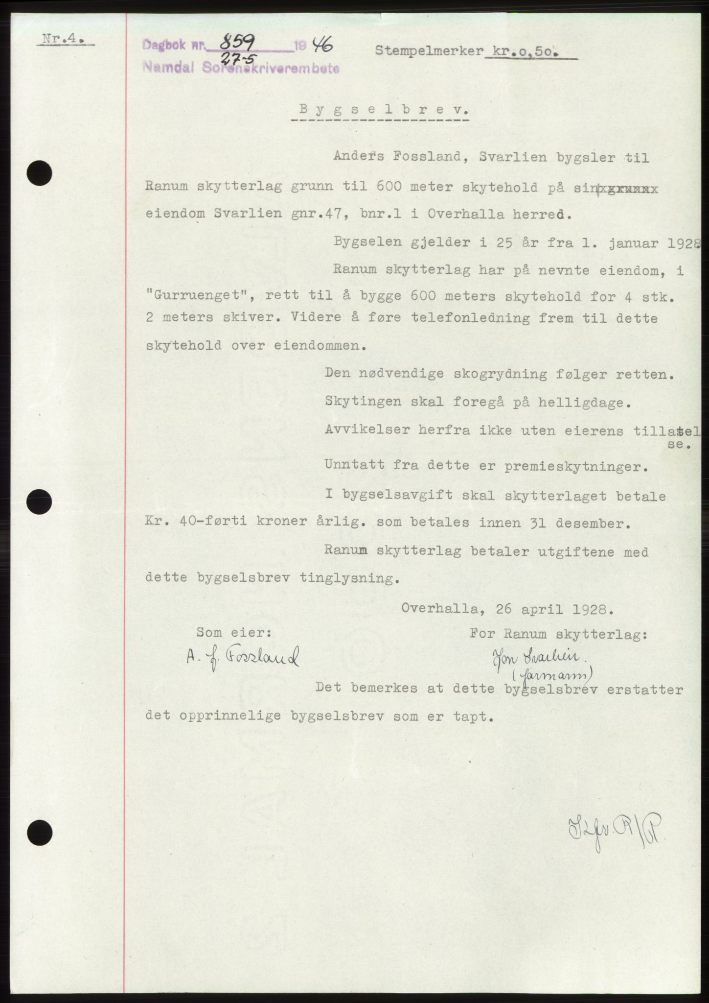 Namdal sorenskriveri, SAT/A-4133/1/2/2C: Pantebok nr. -, 1946-1946, Dagboknr: 859/1946