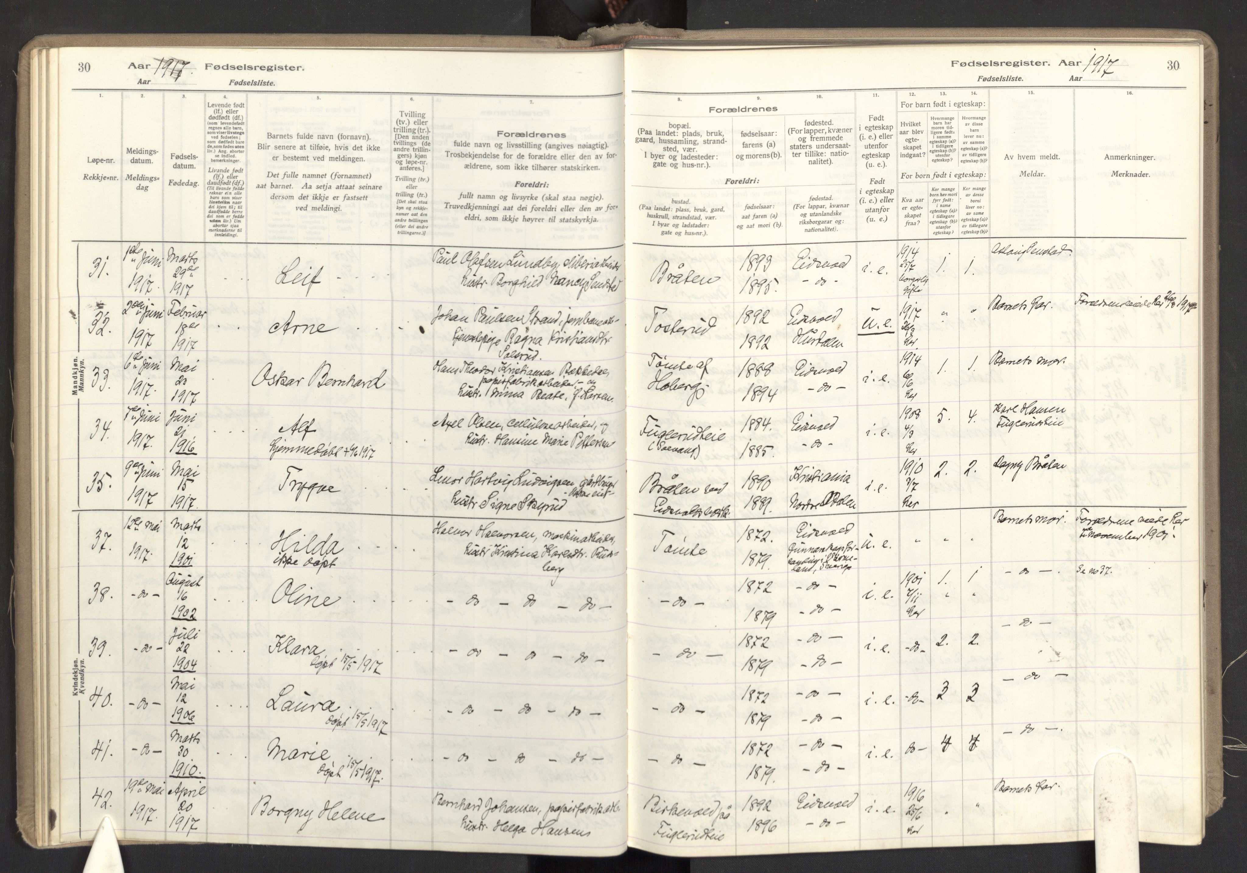 Eidsvoll prestekontor Kirkebøker, AV/SAO-A-10888/J/Ja/L0001: Fødselsregister nr. I 1, 1916-1924, s. 30