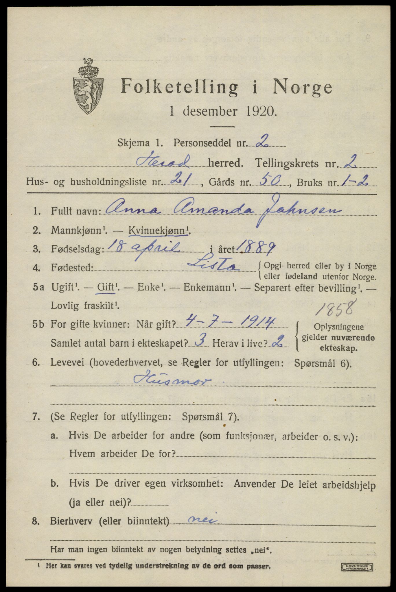 SAK, Folketelling 1920 for 1039 Herad herred, 1920, s. 1264