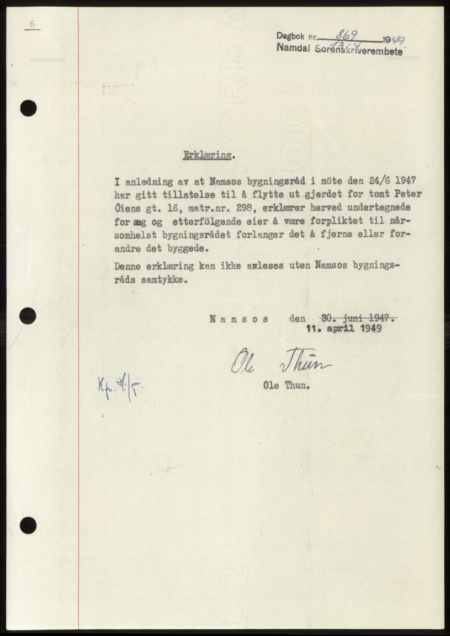 Namdal sorenskriveri, SAT/A-4133/1/2/2C: Pantebok nr. -, 1949-1949, Dagboknr: 869/1949