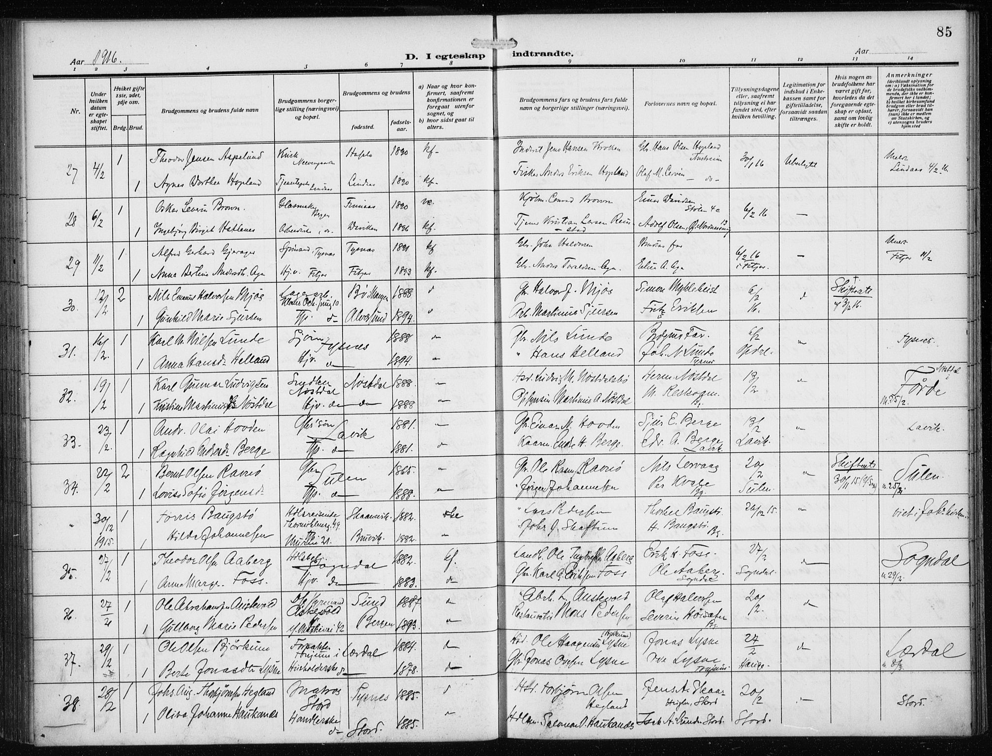 Nykirken Sokneprestembete, AV/SAB-A-77101/H/Haa/L0036: Ministerialbok nr. D 6, 1913-1918, s. 85