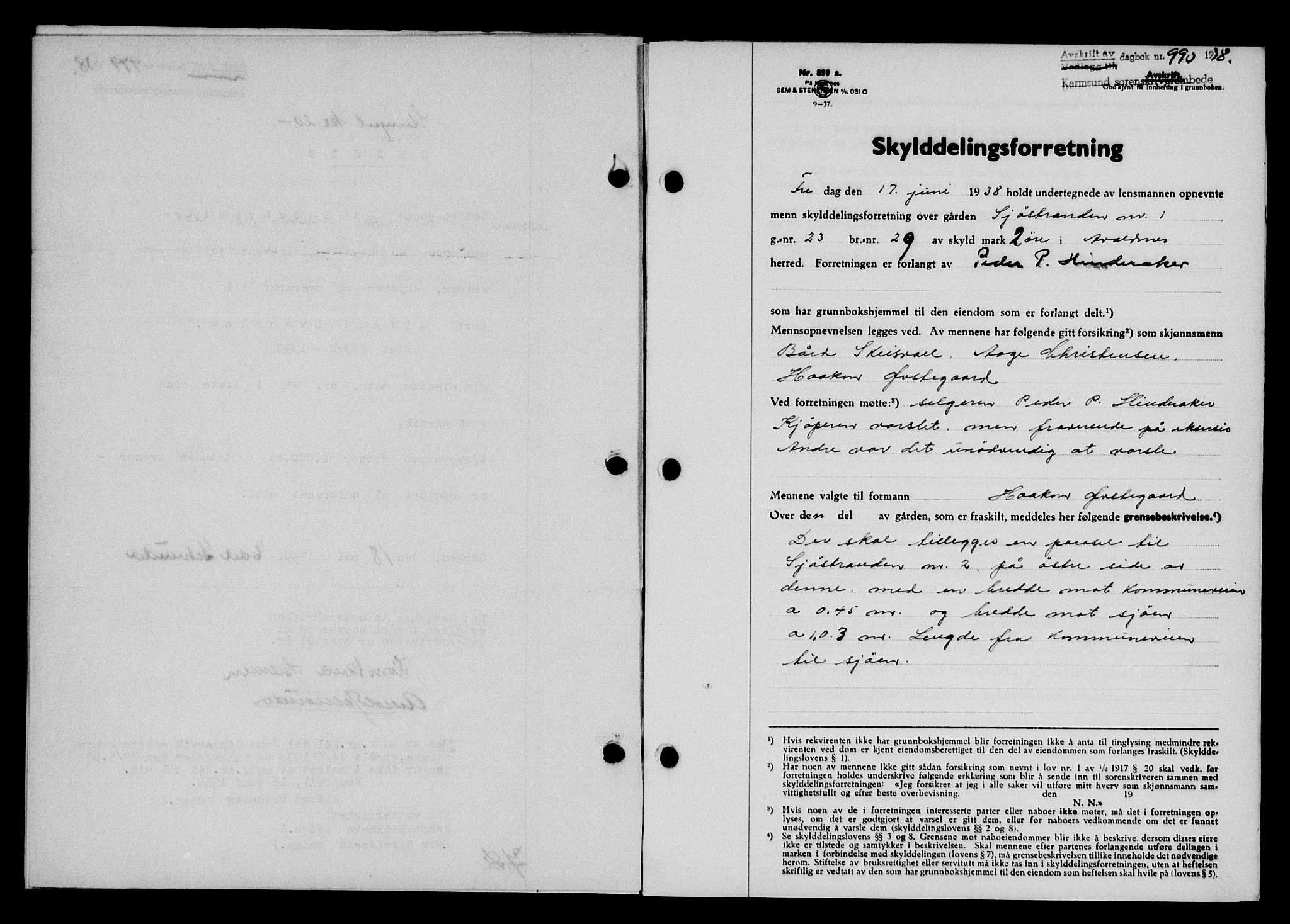 Karmsund sorenskriveri, SAST/A-100311/01/II/IIB/L0069: Pantebok nr. 50A, 1937-1938, Dagboknr: 990/1938