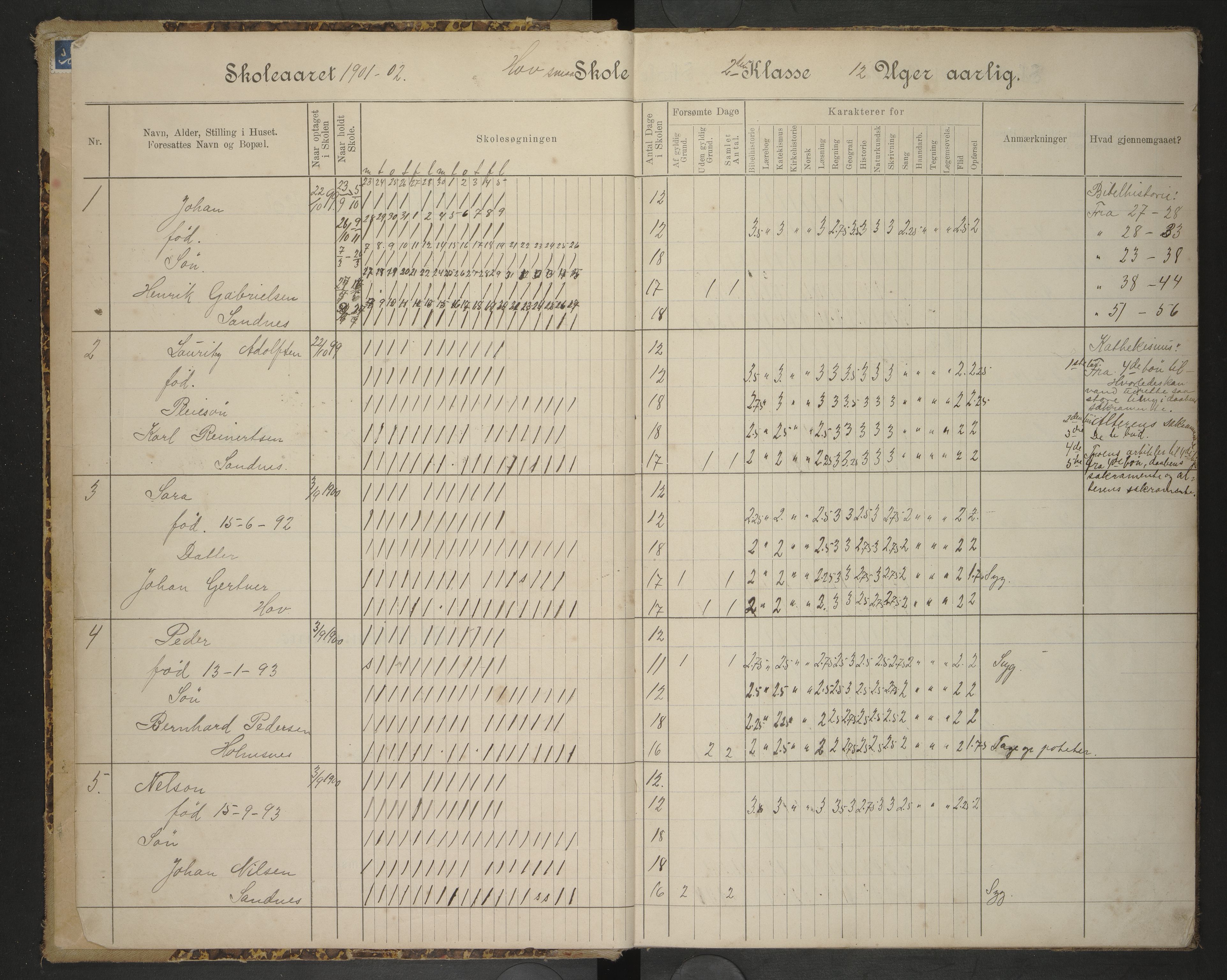 Hadsel kommune. Ymse skolekretser , AIN/K-18660.510.57/F/Fb/L0008: Skoleprotokoll Hov og Haukenes skoler, 1901-1908