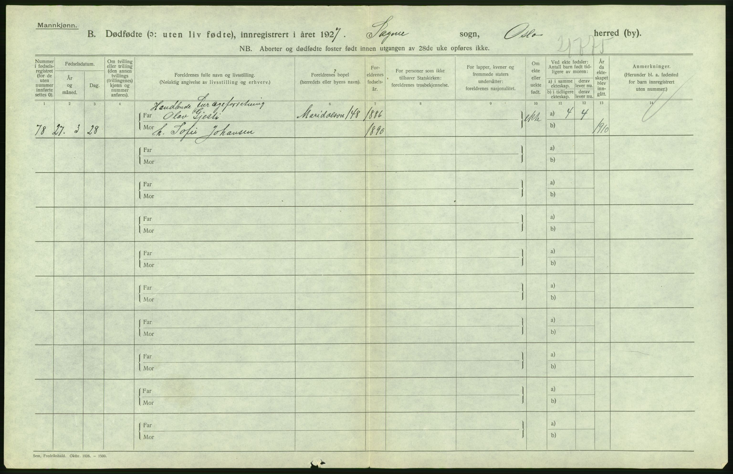 Statistisk sentralbyrå, Sosiodemografiske emner, Befolkning, AV/RA-S-2228/D/Df/Dfc/Dfcg/L0010: Oslo: Døde kvinner, dødfødte, 1927, s. 78