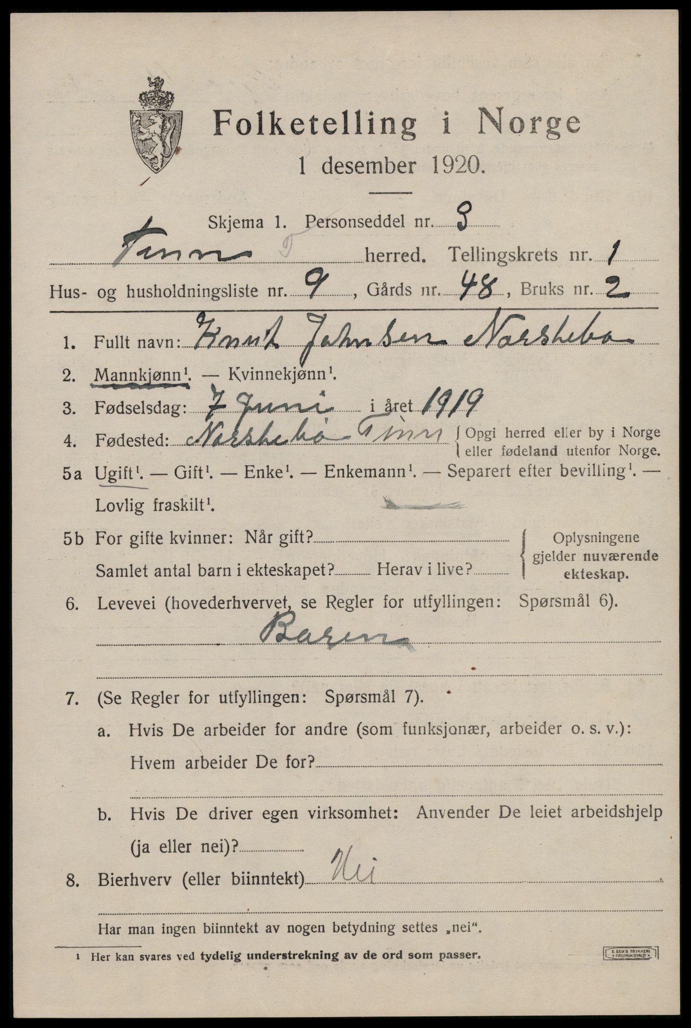 SAKO, Folketelling 1920 for 0826 Tinn herred, 1920, s. 2790