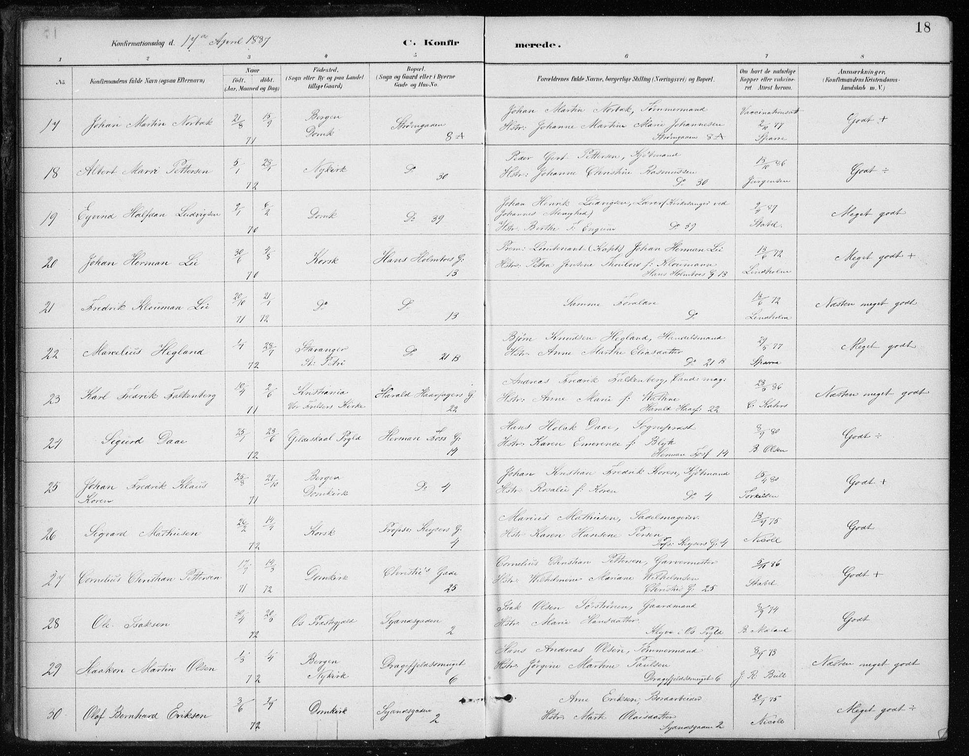 Johanneskirken sokneprestembete, AV/SAB-A-76001/H/Haa/L0008: Ministerialbok nr. C 1, 1885-1907, s. 18