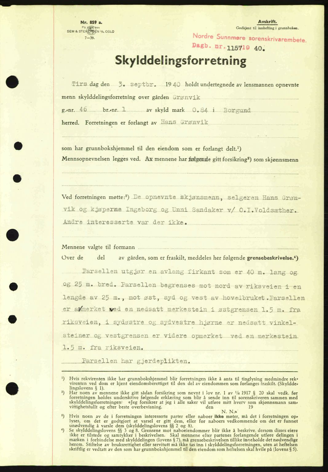 Nordre Sunnmøre sorenskriveri, AV/SAT-A-0006/1/2/2C/2Ca: Pantebok nr. A9, 1940-1940, Dagboknr: 1157/1940