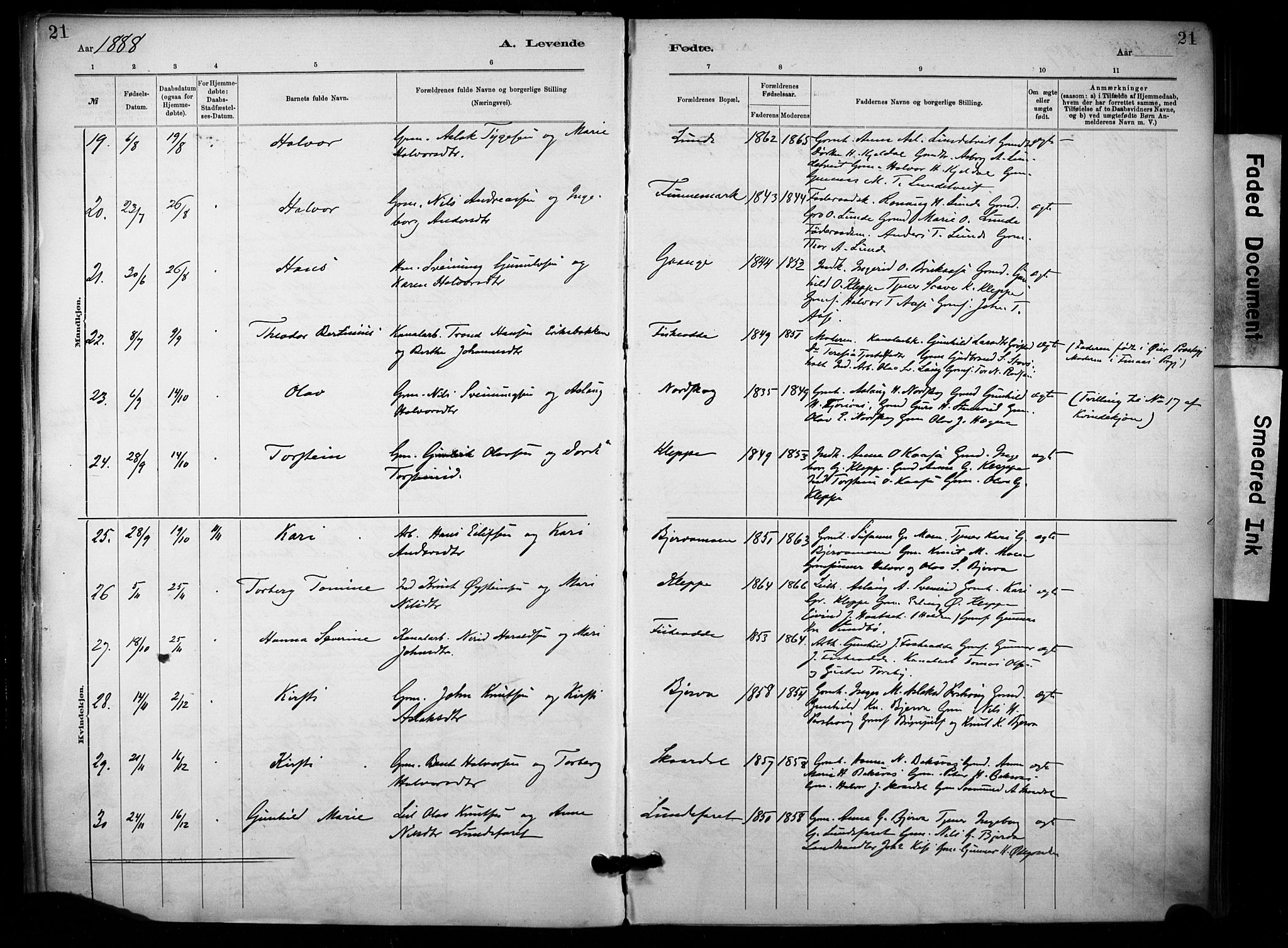 Lunde kirkebøker, AV/SAKO-A-282/F/Fa/L0002: Ministerialbok nr. I 2, 1884-1892, s. 21