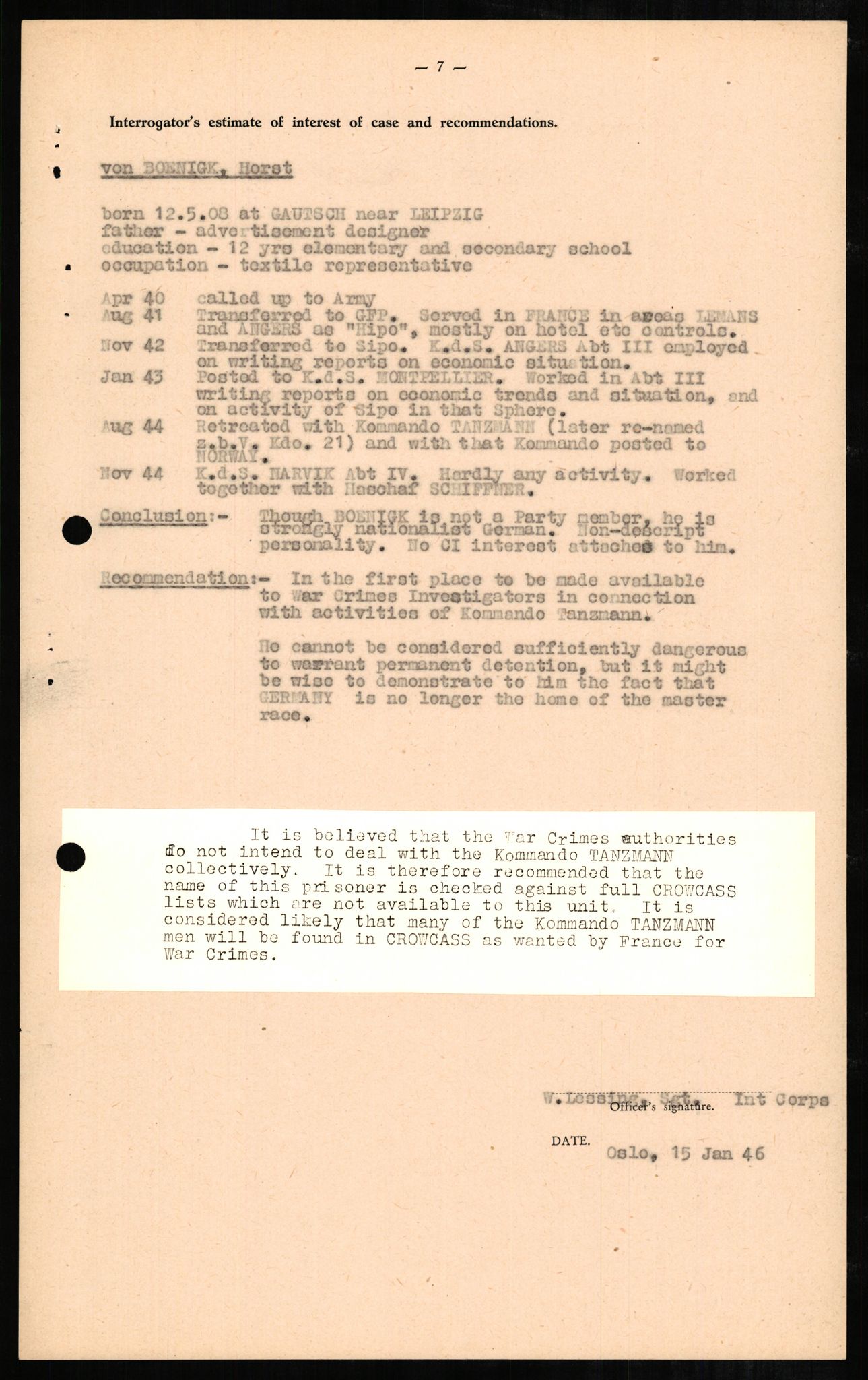 Forsvaret, Forsvarets overkommando II, RA/RAFA-3915/D/Db/L0003: CI Questionaires. Tyske okkupasjonsstyrker i Norge. Tyskere., 1945-1946, s. 530