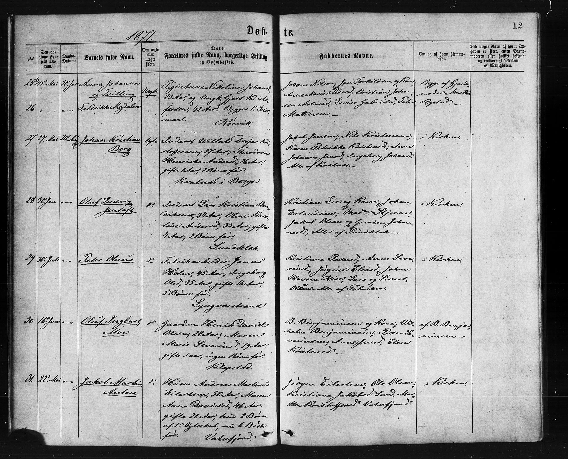 Ministerialprotokoller, klokkerbøker og fødselsregistre - Nordland, AV/SAT-A-1459/876/L1096: Ministerialbok nr. 876A02, 1870-1886, s. 12