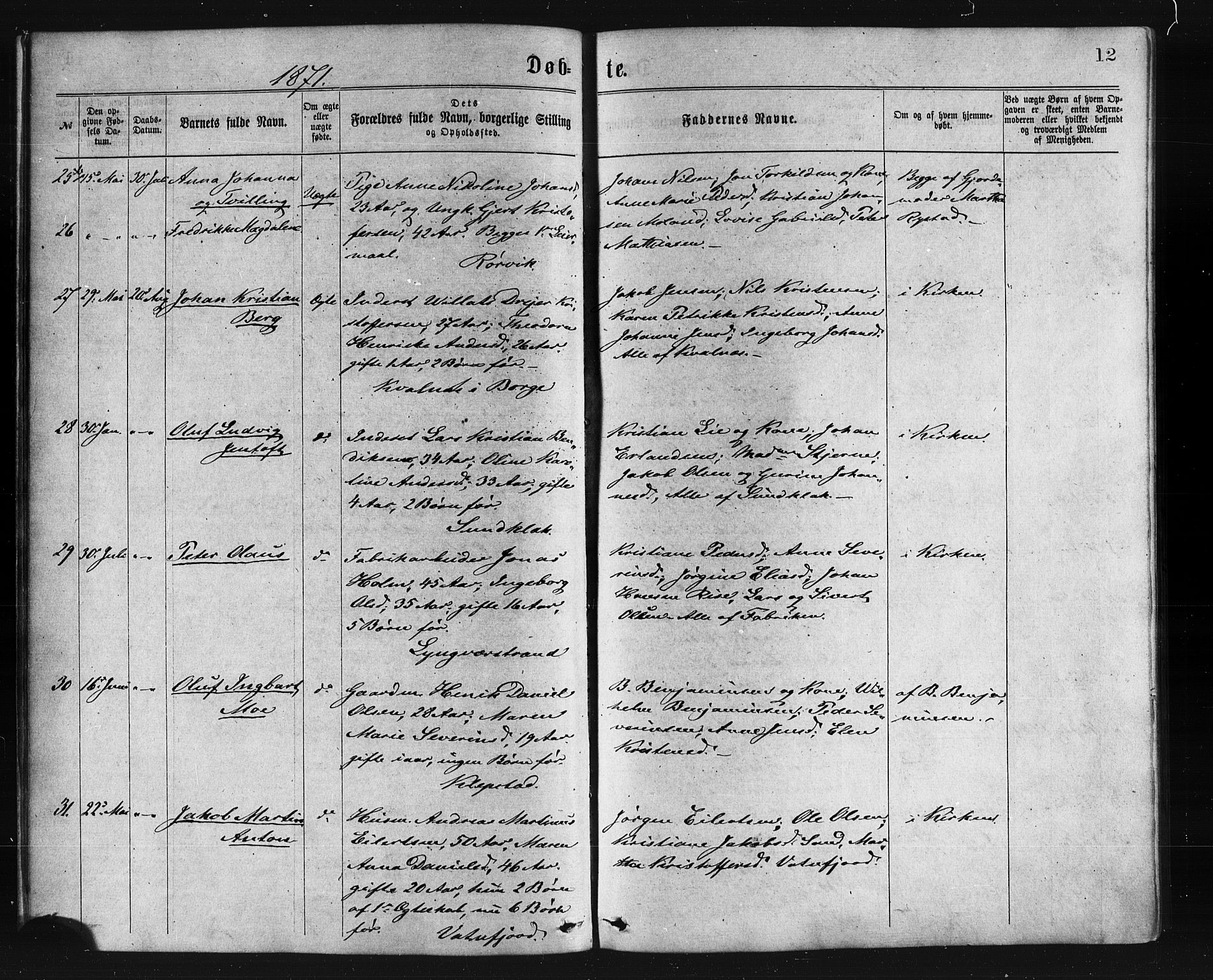 Ministerialprotokoller, klokkerbøker og fødselsregistre - Nordland, SAT/A-1459/876/L1096: Ministerialbok nr. 876A02, 1870-1886, s. 12