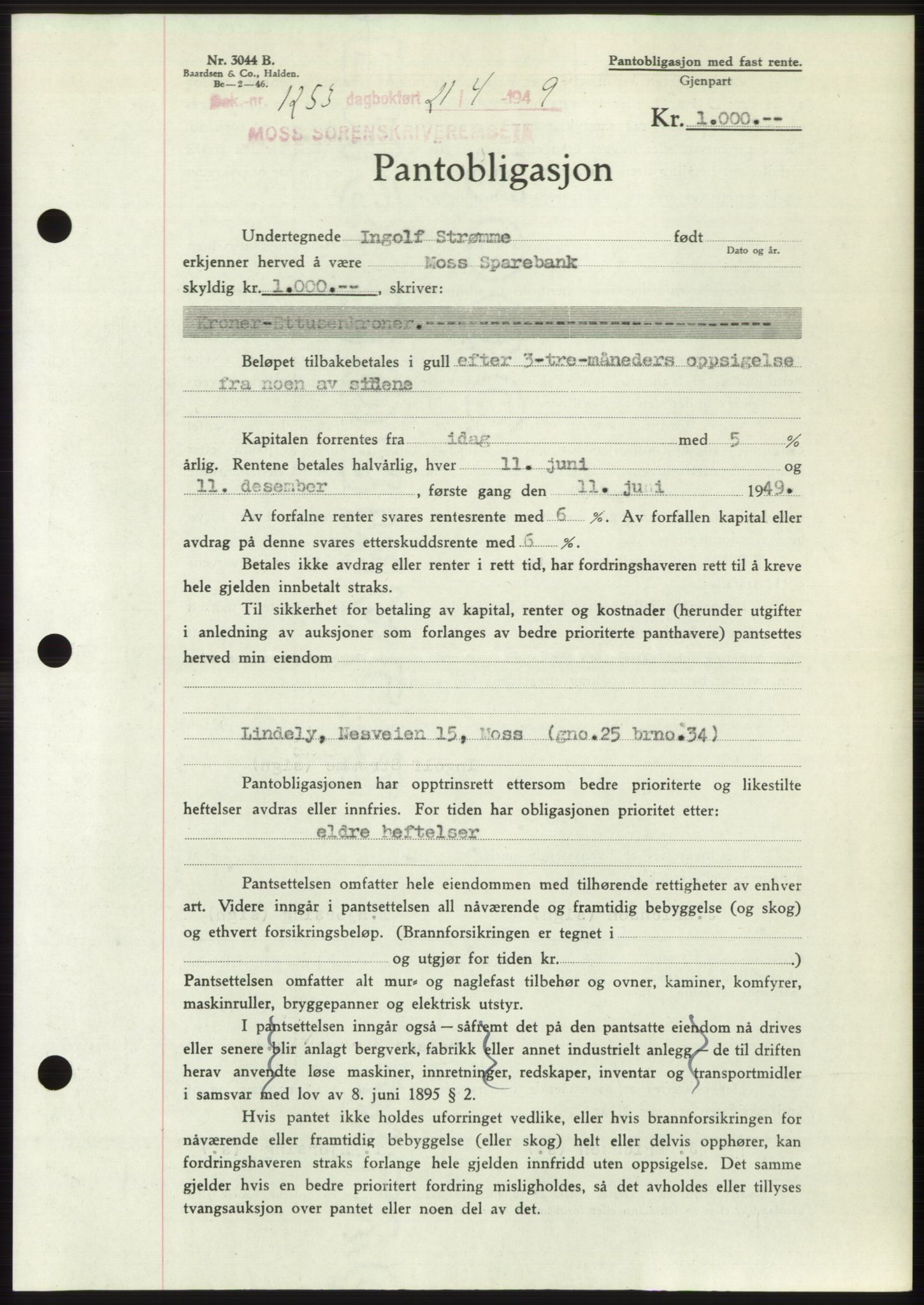 Moss sorenskriveri, SAO/A-10168: Pantebok nr. B21, 1949-1949, Dagboknr: 1253/1949