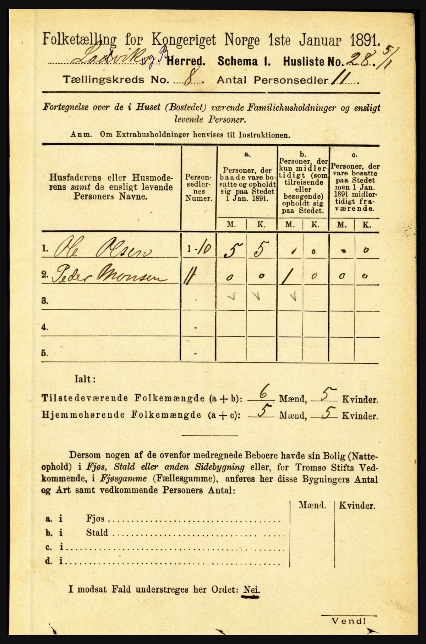 RA, Folketelling 1891 for 1415 Lavik og Brekke herred, 1891, s. 1490