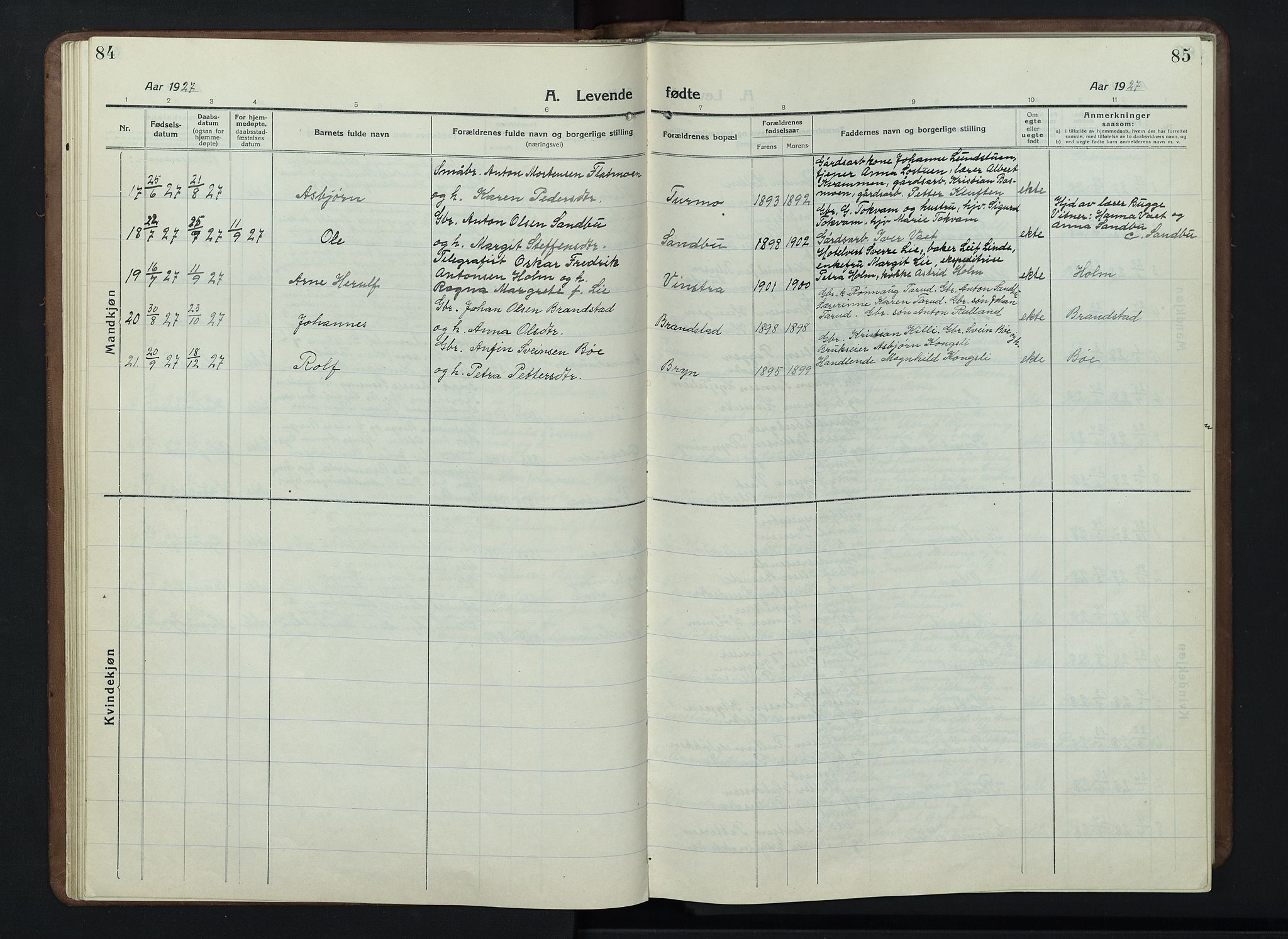 Nord-Fron prestekontor, SAH/PREST-080/H/Ha/Hab/L0007: Klokkerbok nr. 7, 1915-1946, s. 84-85