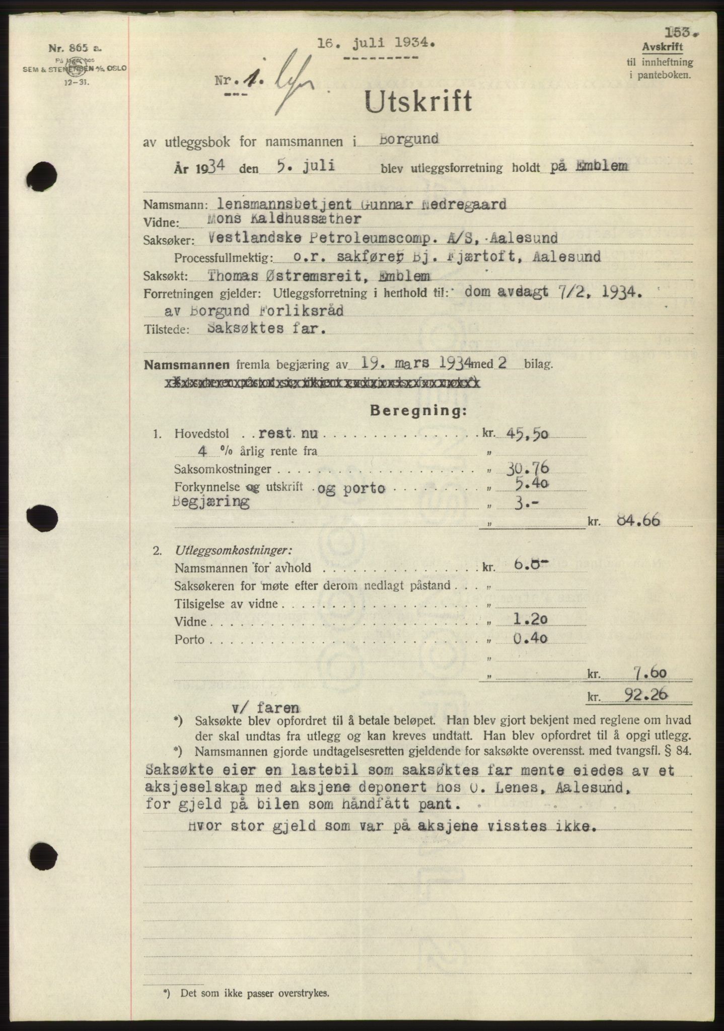 Nordre Sunnmøre sorenskriveri, SAT/A-0006/1/2/2C/2Ca/L0056: Pantebok nr. 56, 1934-1934, Tingl.dato: 16.07.1934
