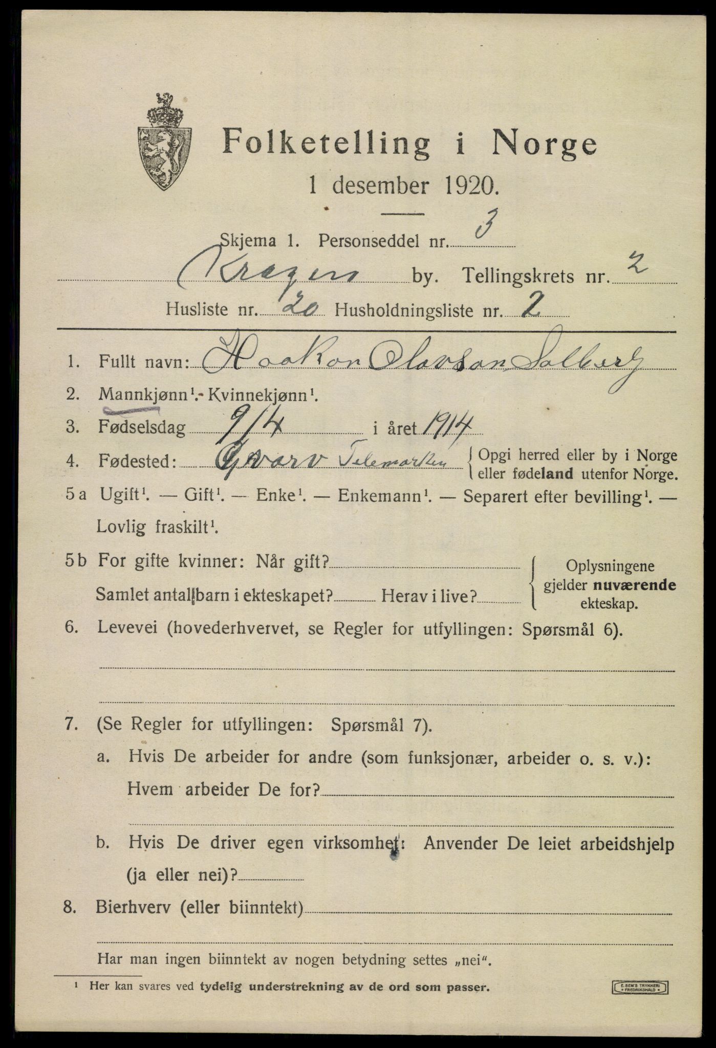 SAKO, Folketelling 1920 for 0801 Kragerø kjøpstad, 1920, s. 5603