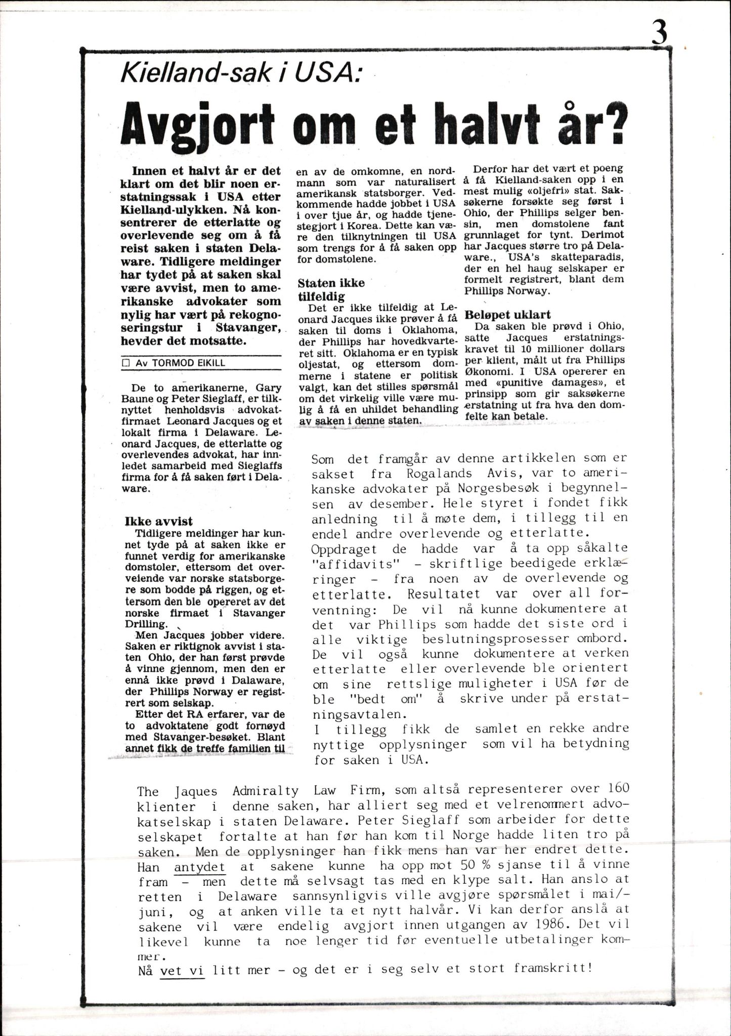 Pa 1660 - Kielland- fondet, AV/SAST-A-102242/X/Xa/L0001: Rapport til overlevende og etterlatte/ Kielland Bulletin, 1980-1998