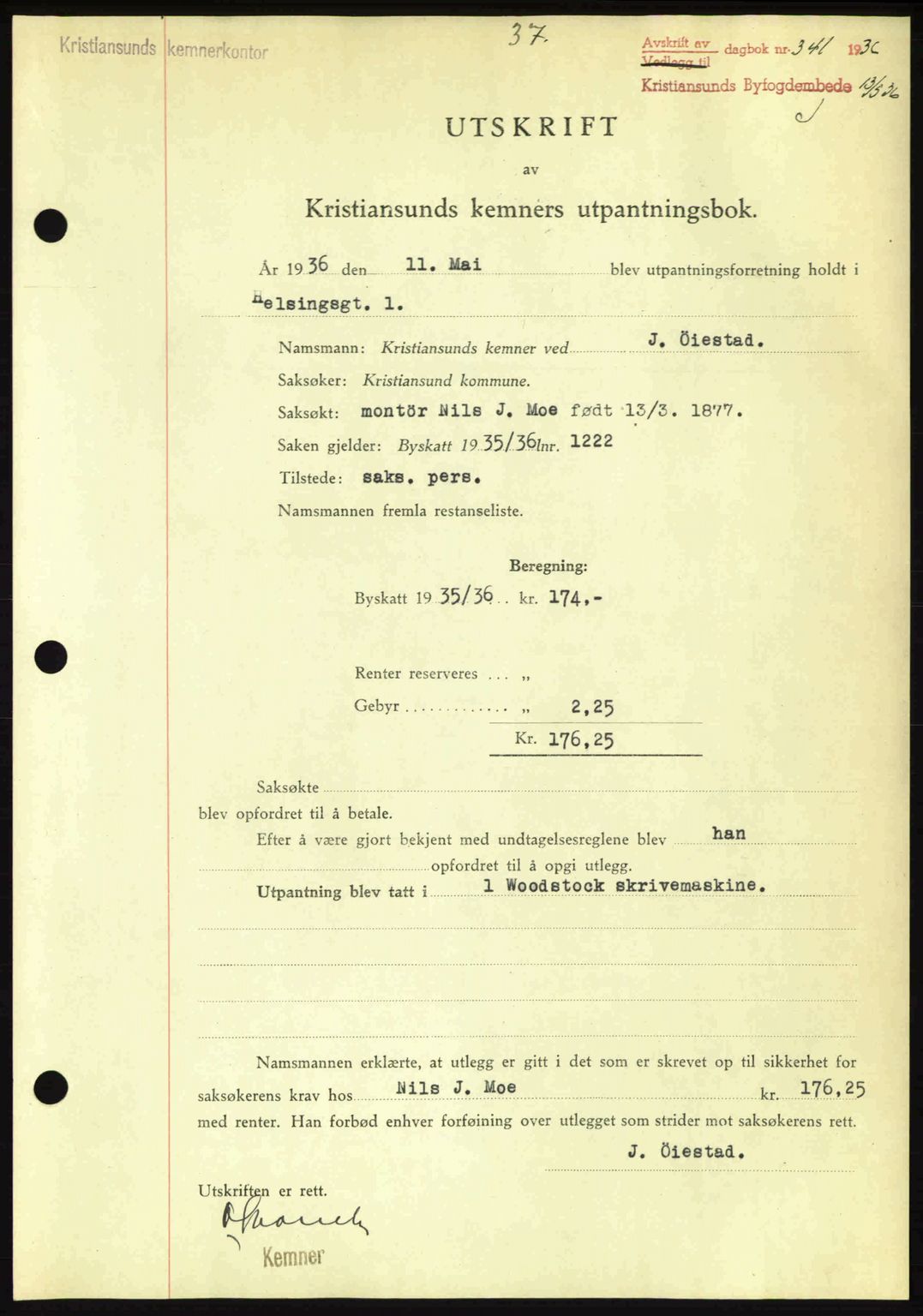 Kristiansund byfogd, SAT/A-4587/A/27: Pantebok nr. 29, 1936-1937, Dagboknr: 341/1936