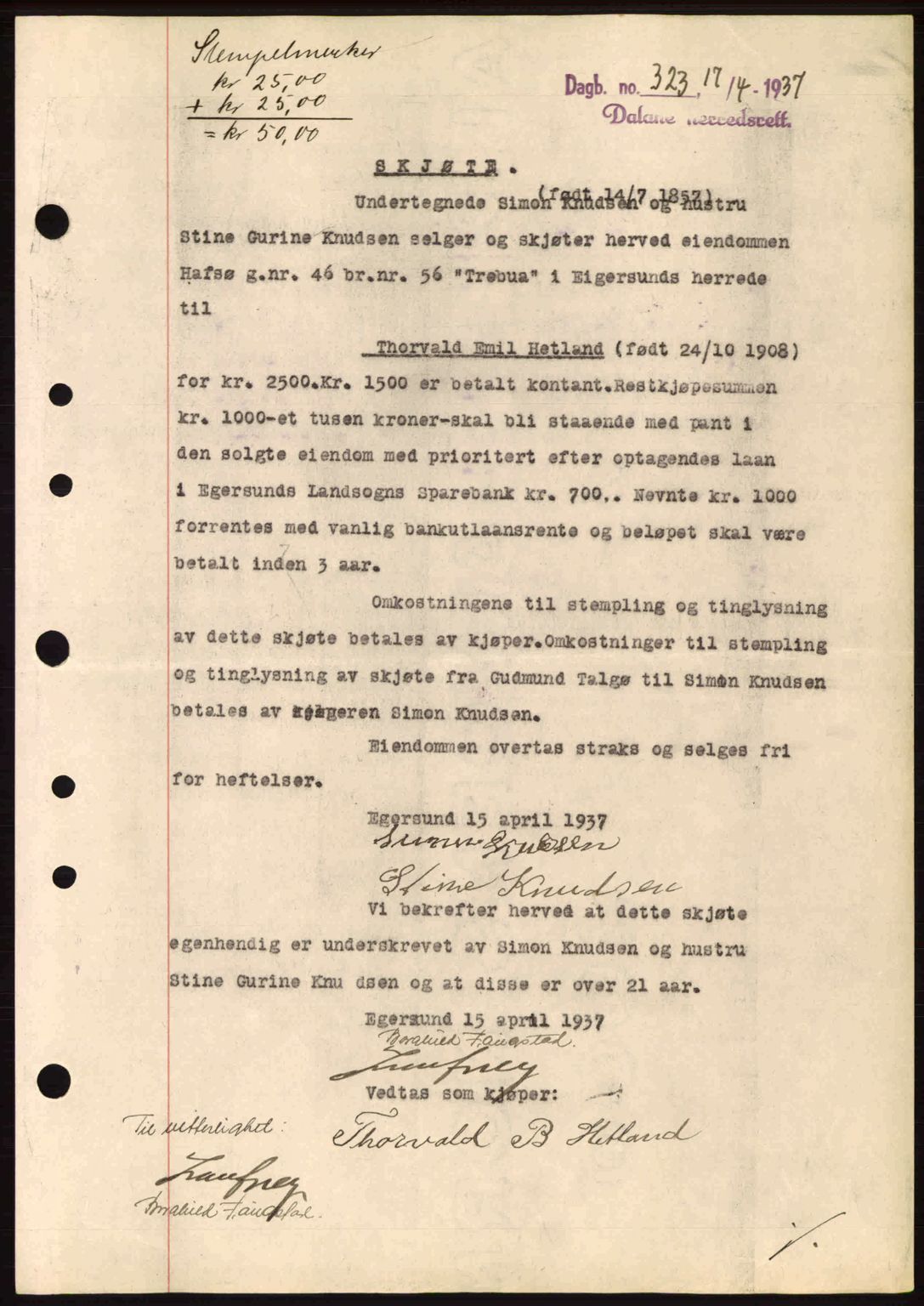 Dalane sorenskriveri, SAST/A-100309/02/G/Gb/L0041: Pantebok nr. A2, 1936-1937, Dagboknr: 323/1937