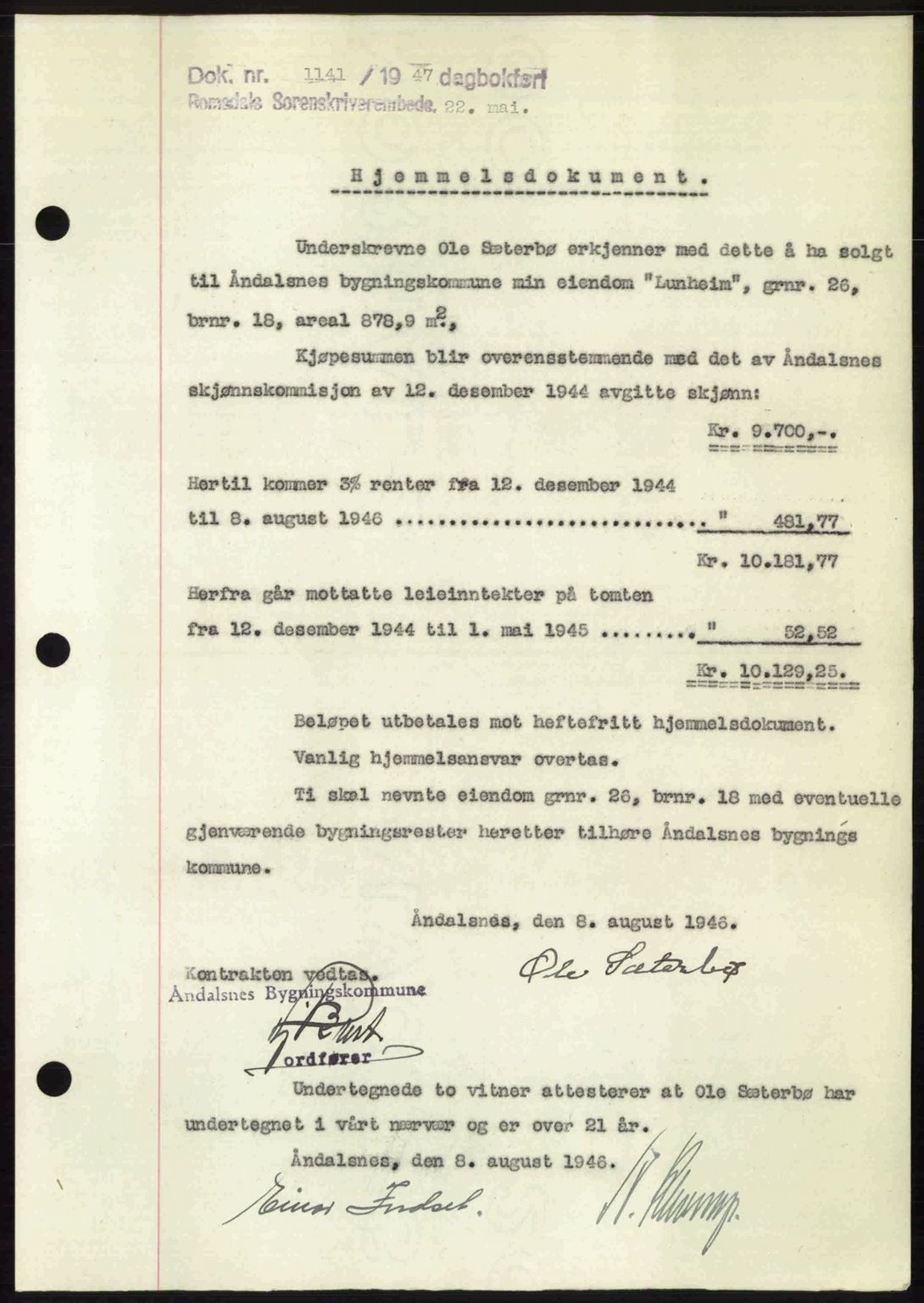 Romsdal sorenskriveri, AV/SAT-A-4149/1/2/2C: Pantebok nr. A23, 1947-1947, Dagboknr: 1141/1947