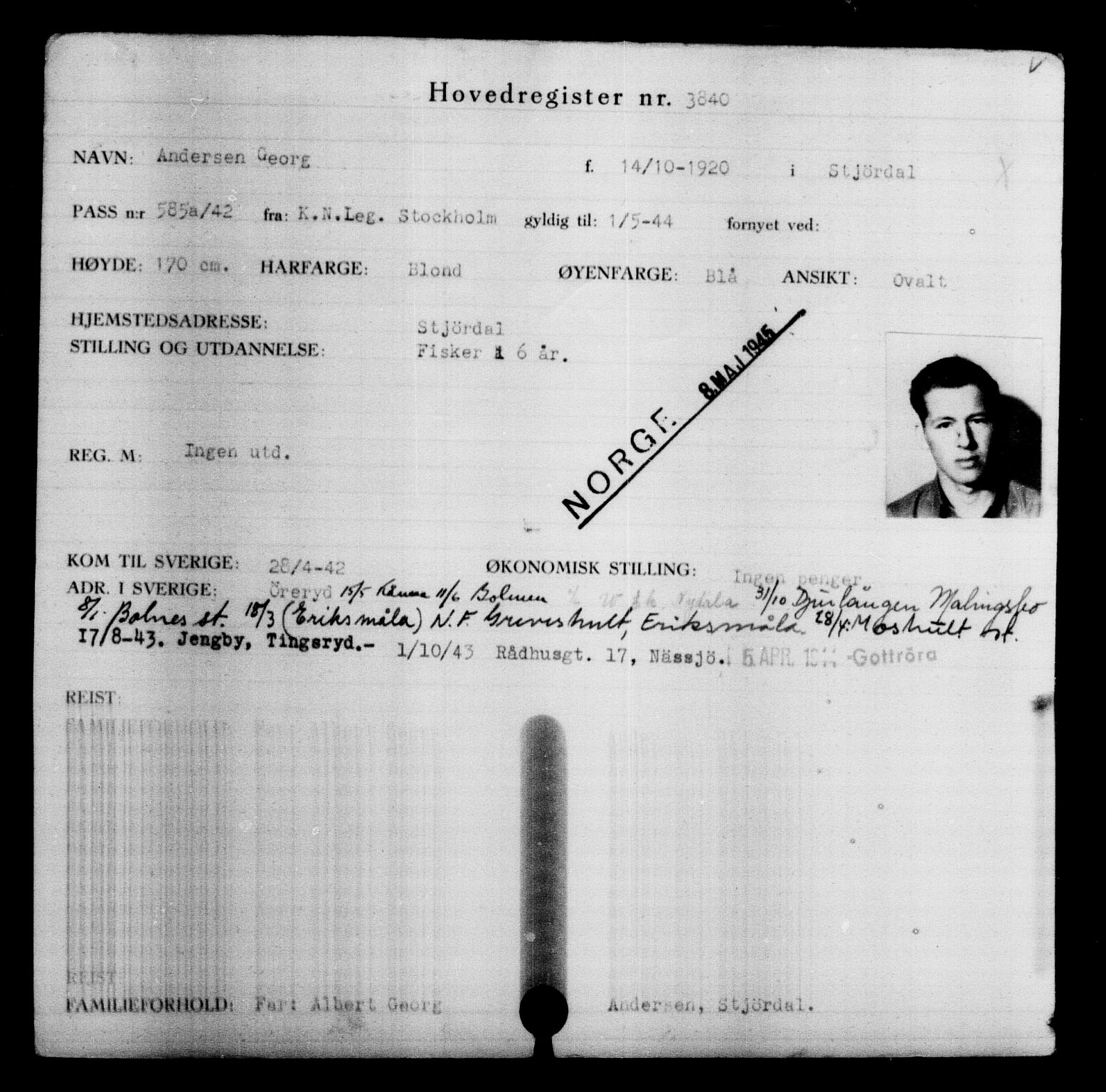 Utenriksstasjonene, Legasjonen i Stockholm, Flyktningkontoret, AV/RA-S-6753/V/Va/L0004: Kjesäterkartoteket, flyktninger med registreringsnr. 3496-6610, 1940-1945, s. 398
