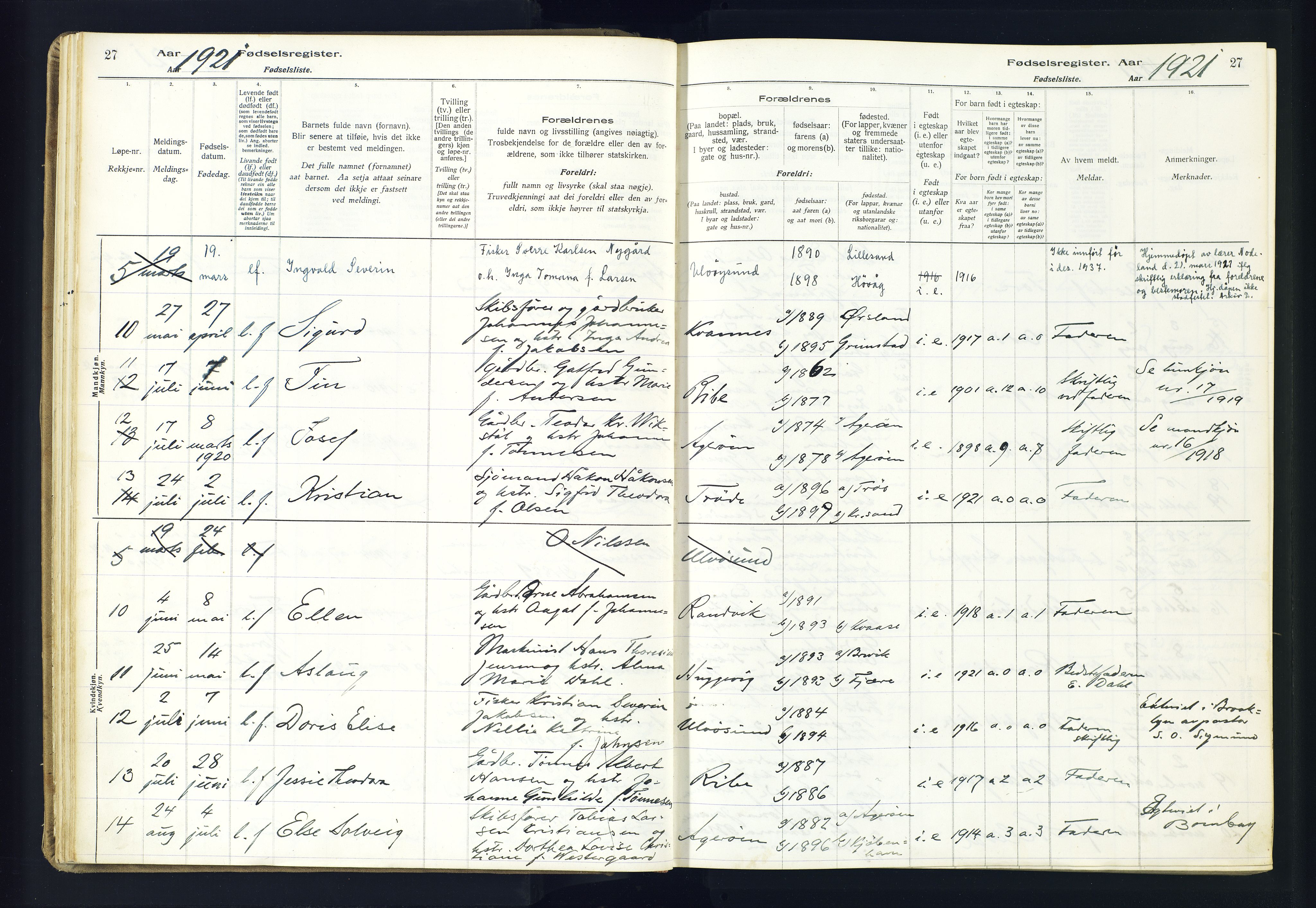 Høvåg sokneprestkontor, AV/SAK-1111-0025/J/Ja/L0001: Fødselsregister nr. II.4.2, 1916-1982, s. 27