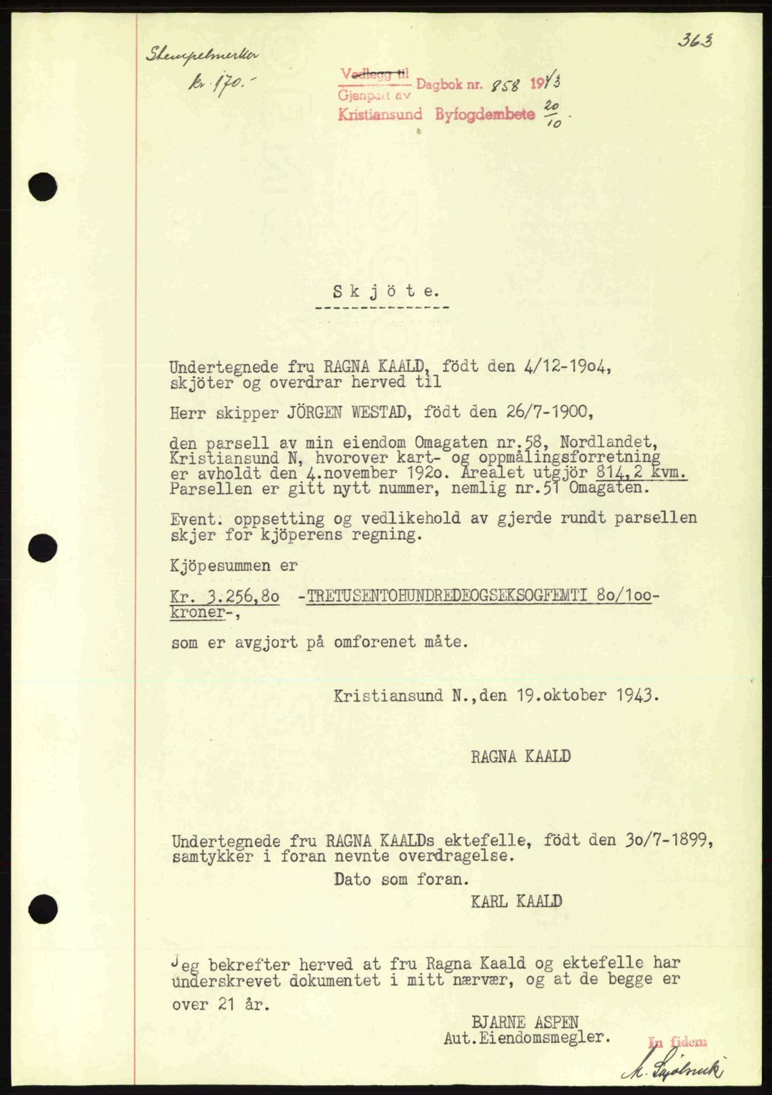Kristiansund byfogd, AV/SAT-A-4587/A/27: Pantebok nr. 34, 1941-1945, Dagboknr: 858/1943