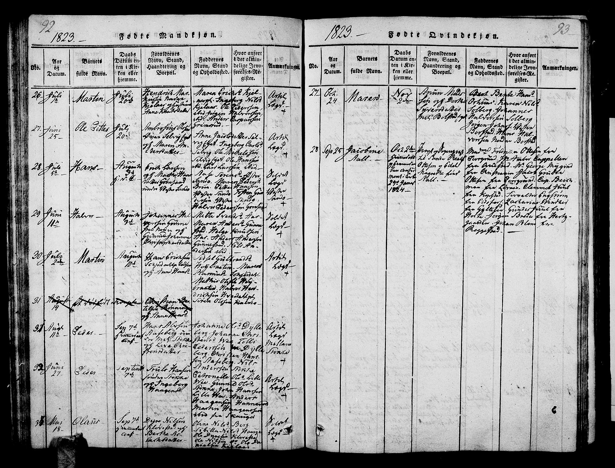 Sande Kirkebøker, AV/SAKO-A-53/G/Ga/L0001: Klokkerbok nr. 1, 1814-1847, s. 92-93