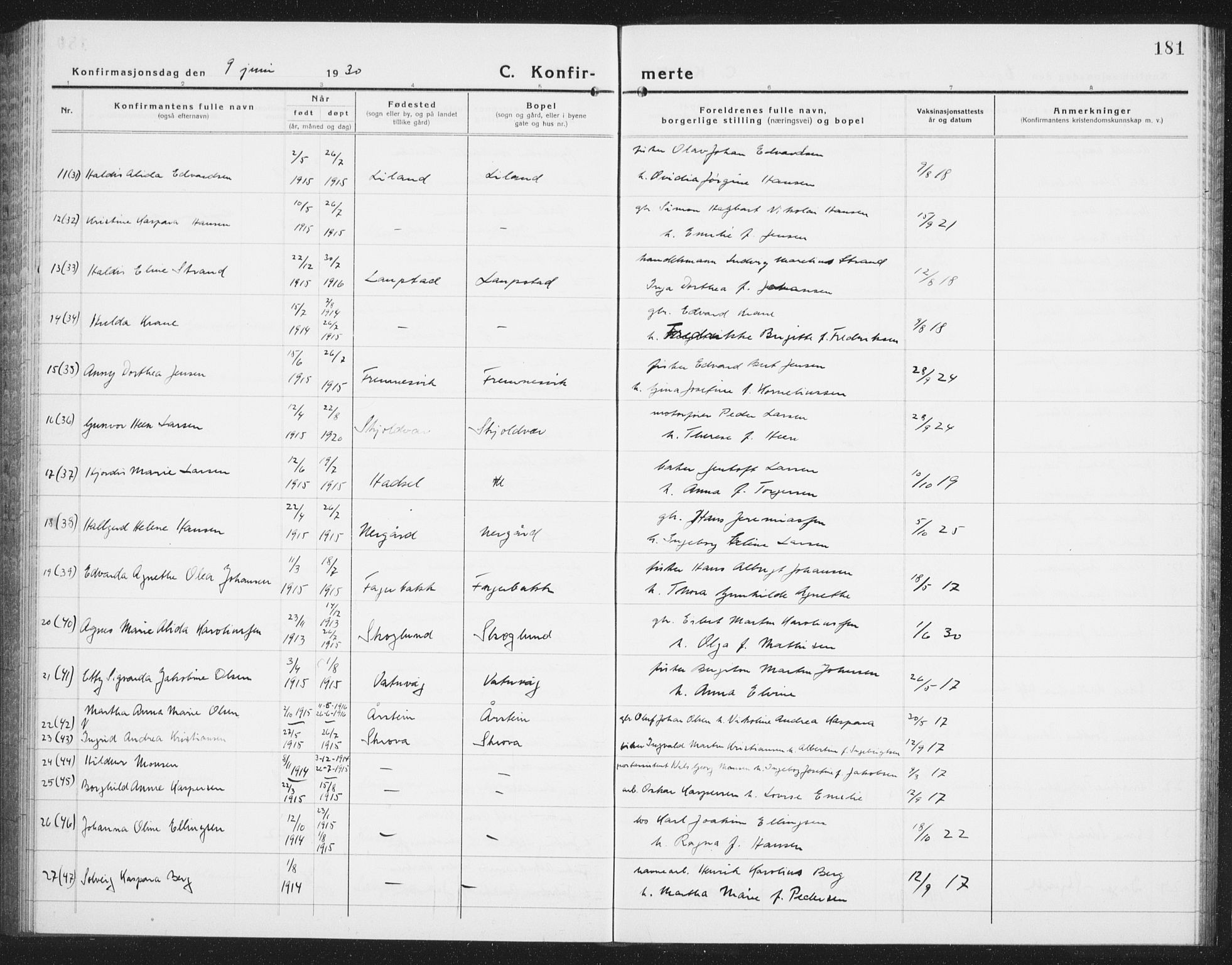 Ministerialprotokoller, klokkerbøker og fødselsregistre - Nordland, AV/SAT-A-1459/874/L1081: Klokkerbok nr. 874C10, 1925-1941, s. 181