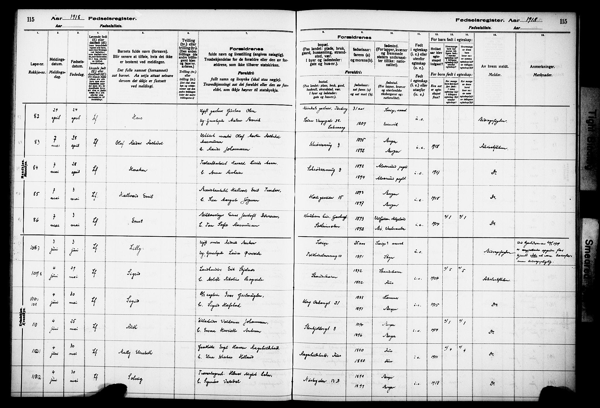 Kvinneklinikken, SAB/A-76301/F/L0A01: Fødselsregister nr. A 1, 1916-1920, s. 115