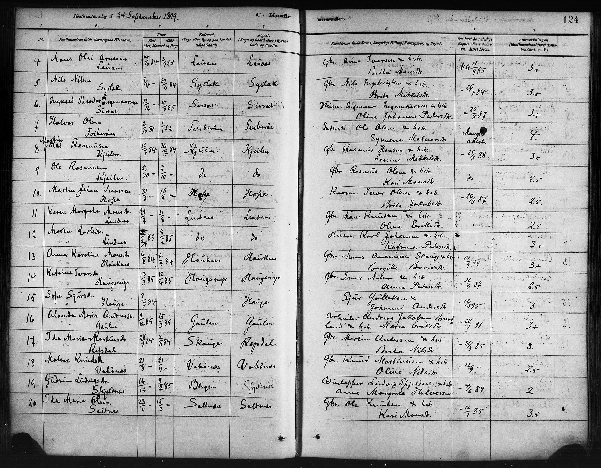 Lindås Sokneprestembete, AV/SAB-A-76701/H/Haa/Haaa/L0019: Ministerialbok nr. A 19, 1878-1912, s. 124