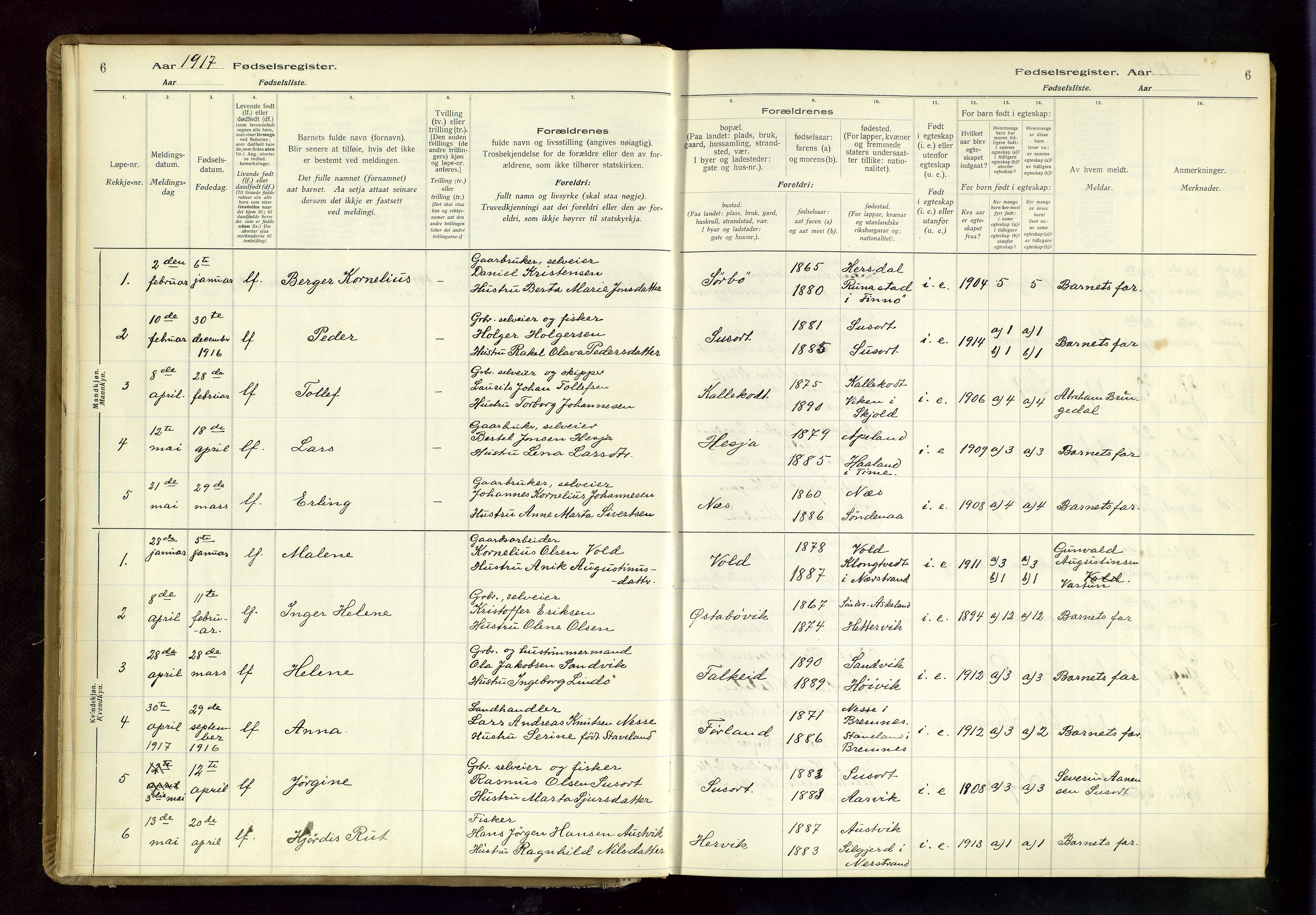 Tysvær sokneprestkontor, AV/SAST-A -101864/I/Id/L0001: Fødselsregister nr. 1, 1916-1954, s. 6