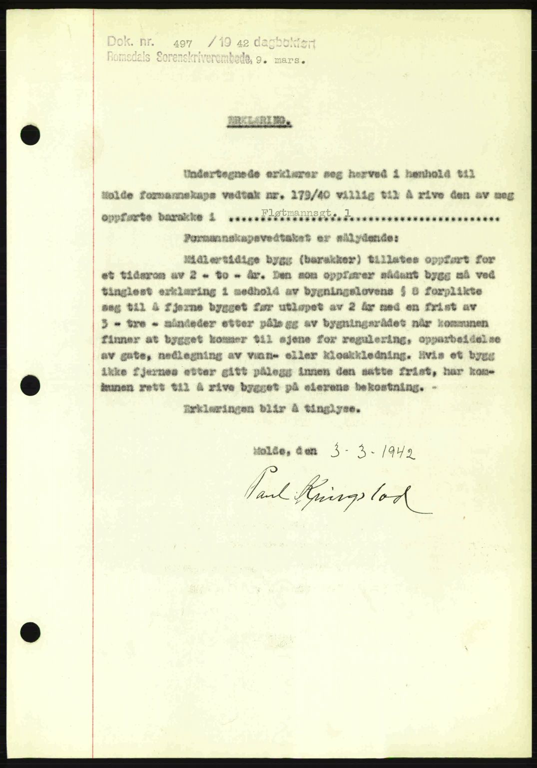 Romsdal sorenskriveri, SAT/A-4149/1/2/2C: Pantebok nr. B2, 1939-1945, Dagboknr: 497/1942
