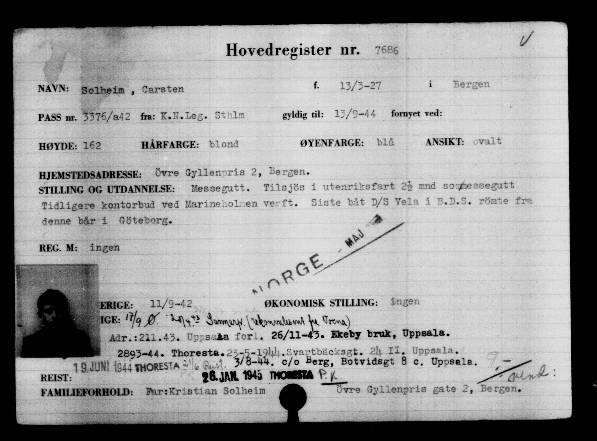 Utenriksstasjonene, Legasjonen i Stockholm, Flyktningkontoret, AV/RA-S-6753/V/Va/L0005: Kjesäterkartoteket, flyktning nr. 6600-9417, 1940-1945, s. 1267