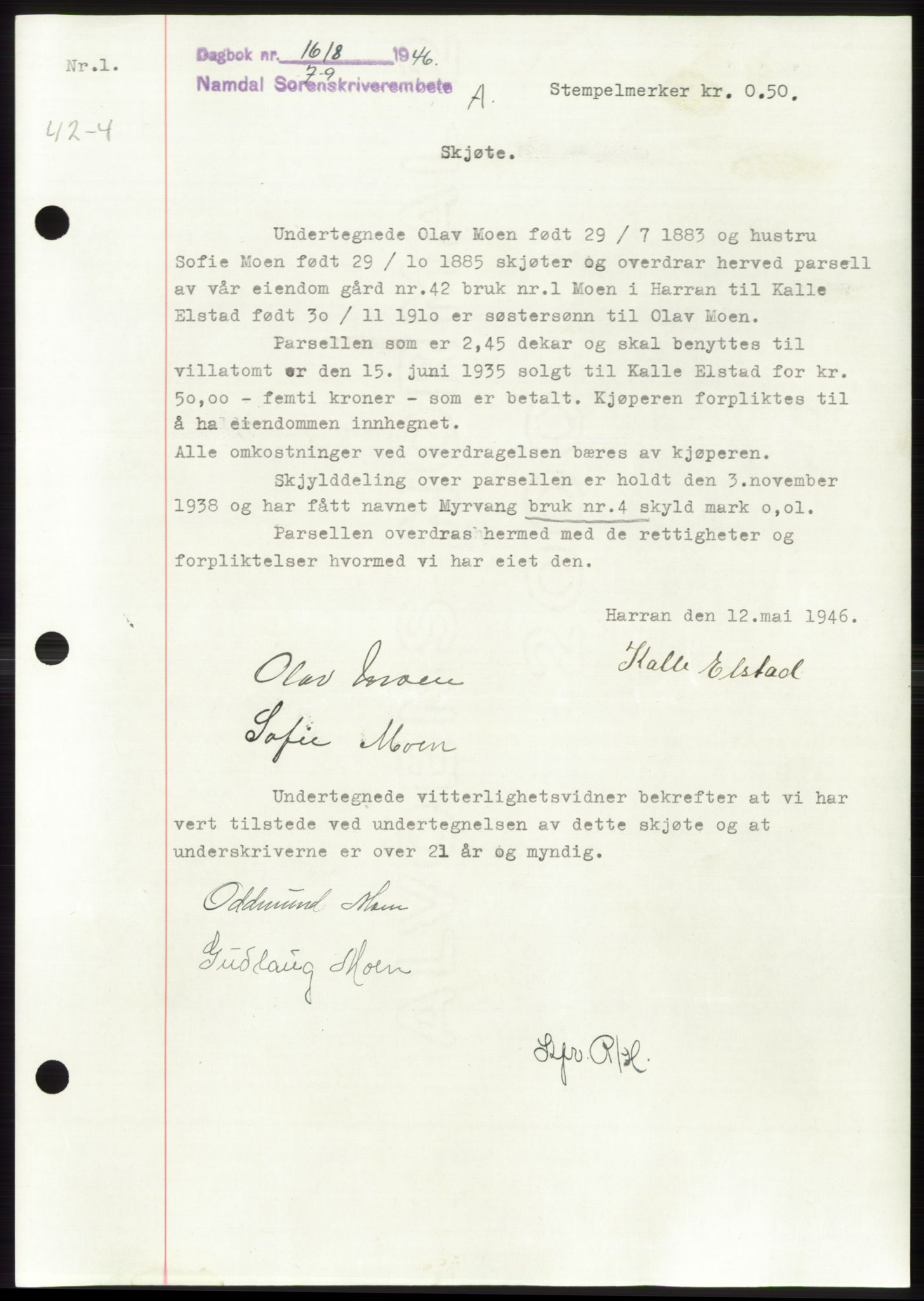 Namdal sorenskriveri, SAT/A-4133/1/2/2C: Pantebok nr. -, 1946-1947, Dagboknr: 1618/1946