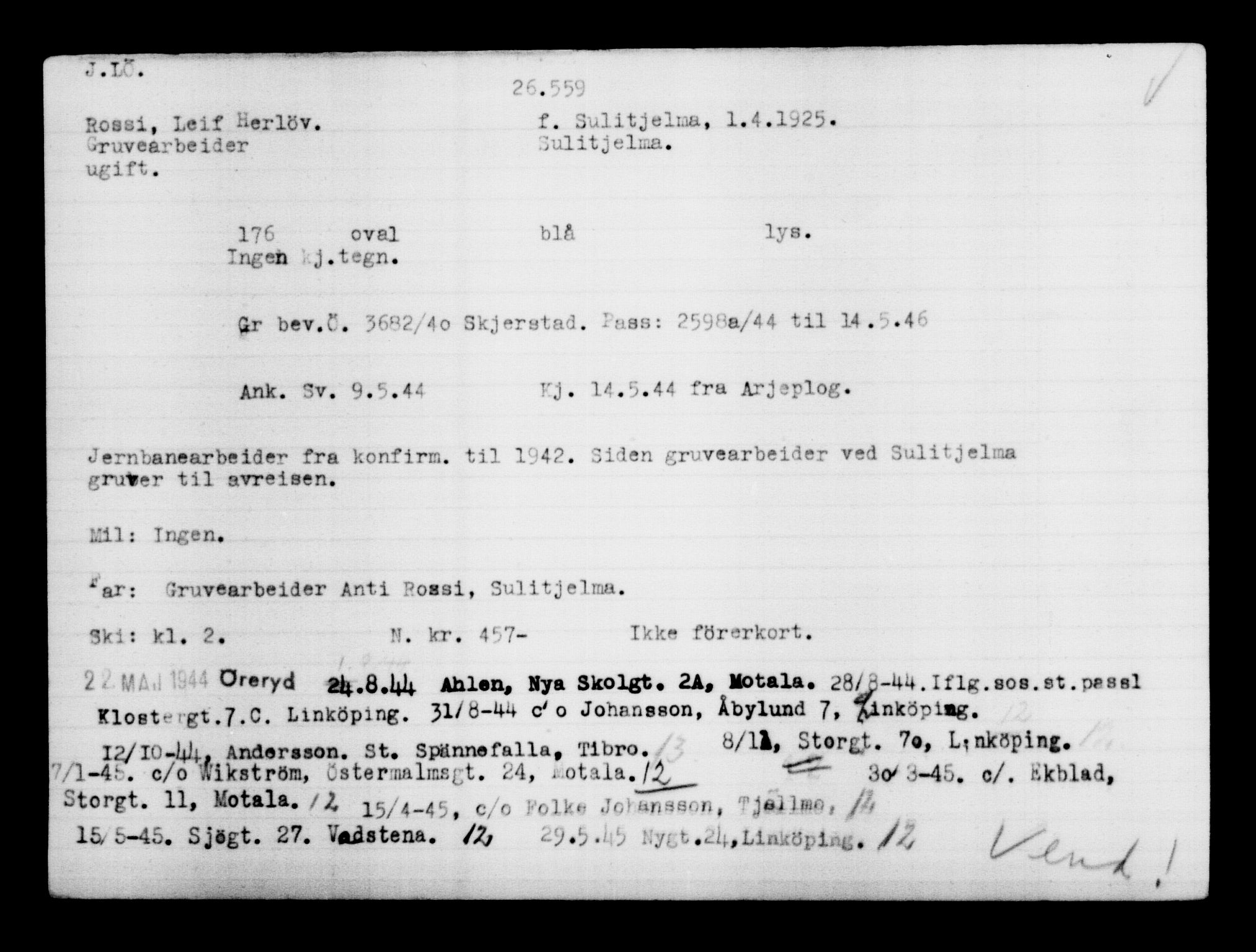 Utenriksstasjonene, Legasjonen i Stockholm, Flyktningkontoret, AV/RA-S-6753/V/Va/L0011: Kjesäterkartoteket, flyktninger med registreringsnr. 25300-28349, 1940-1945, s. 1322
