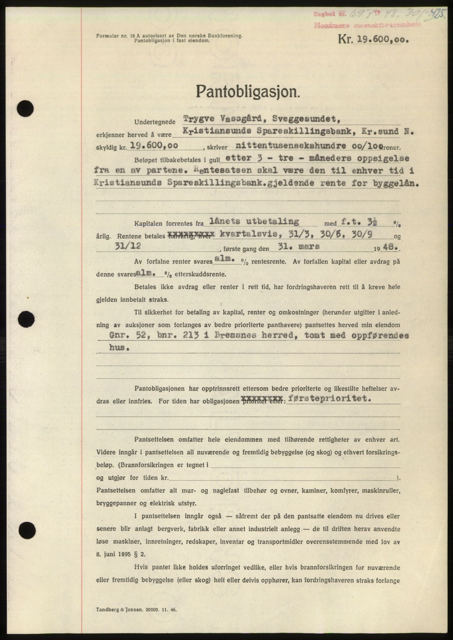 Nordmøre sorenskriveri, AV/SAT-A-4132/1/2/2Ca: Pantebok nr. B98, 1948-1948, Dagboknr: 697/1948