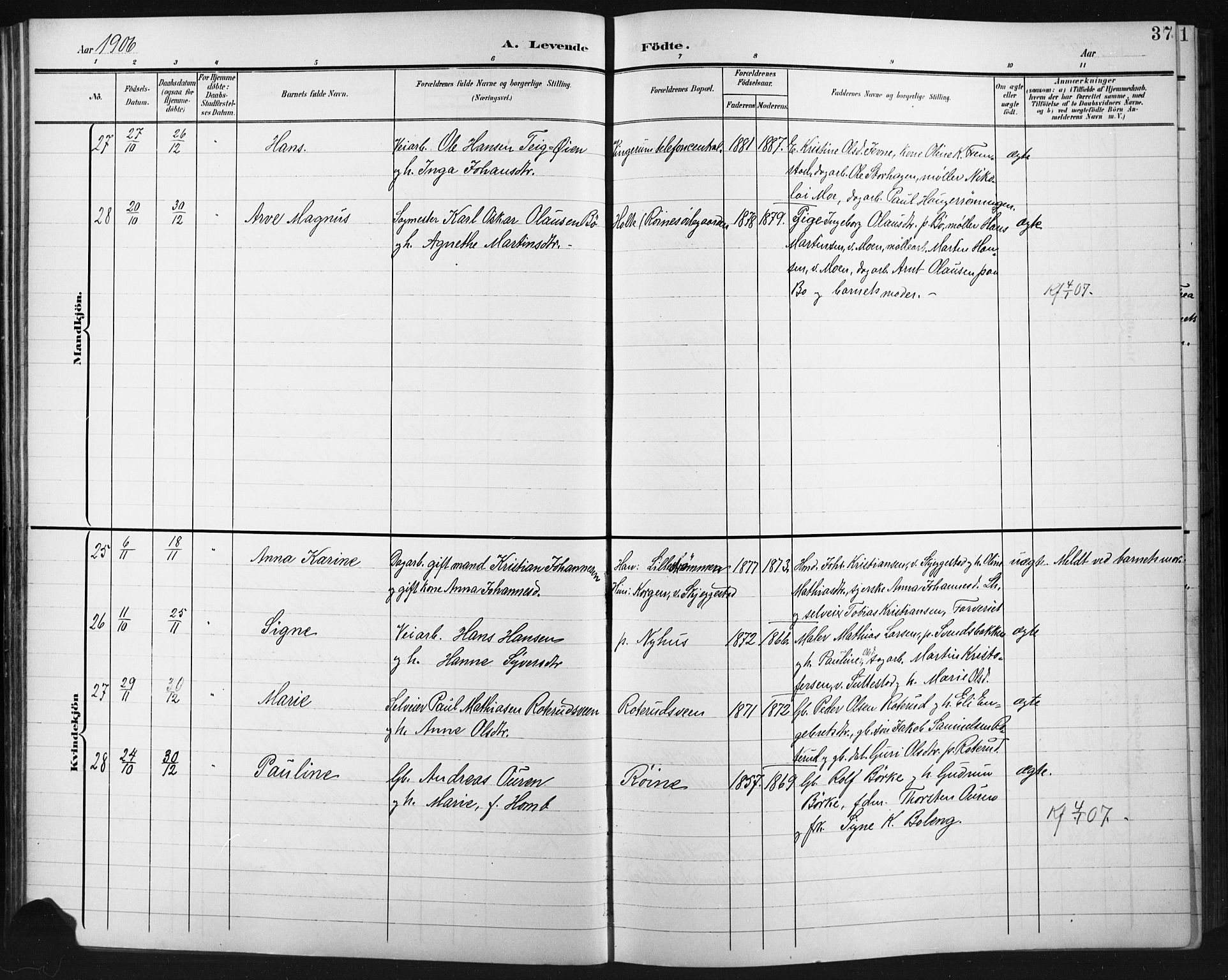 Fåberg prestekontor, AV/SAH-PREST-086/H/Ha/Hab/L0012: Klokkerbok nr. 12, 1903-1924, s. 37
