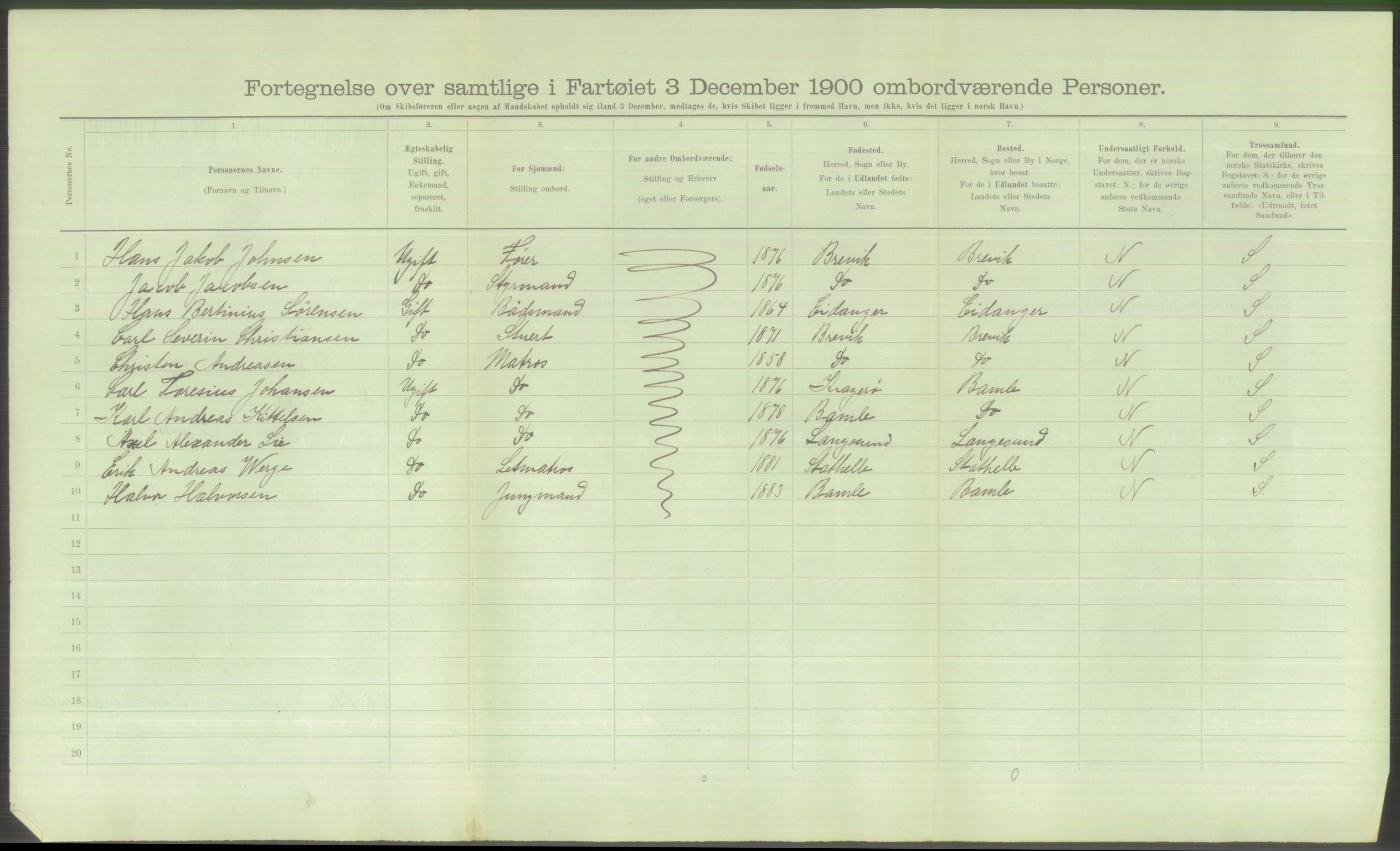 RA, Folketelling 1900 - skipslister med personlister for skip i norske havner, utenlandske havner og til havs, 1900, s. 4552