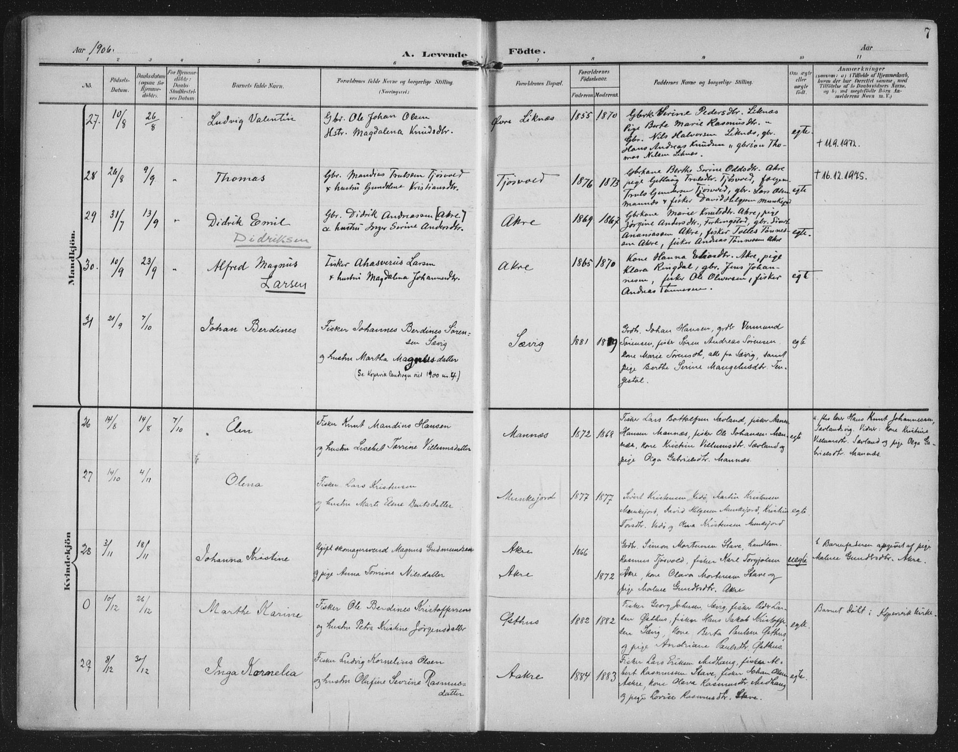 Kopervik sokneprestkontor, AV/SAST-A-101850/H/Ha/Haa/L0005: Ministerialbok nr. A 5, 1906-1924, s. 7