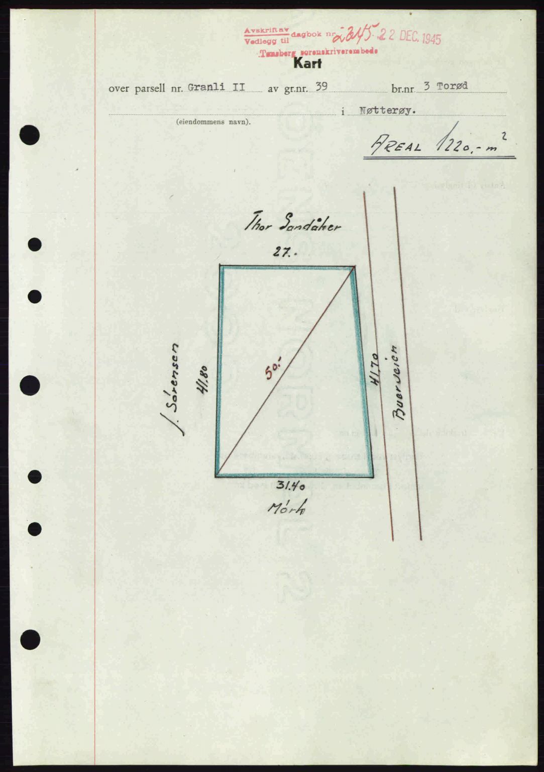 Tønsberg sorenskriveri, AV/SAKO-A-130/G/Ga/Gaa/L0017a: Pantebok nr. A17a, 1945-1945, Dagboknr: 2345/1945