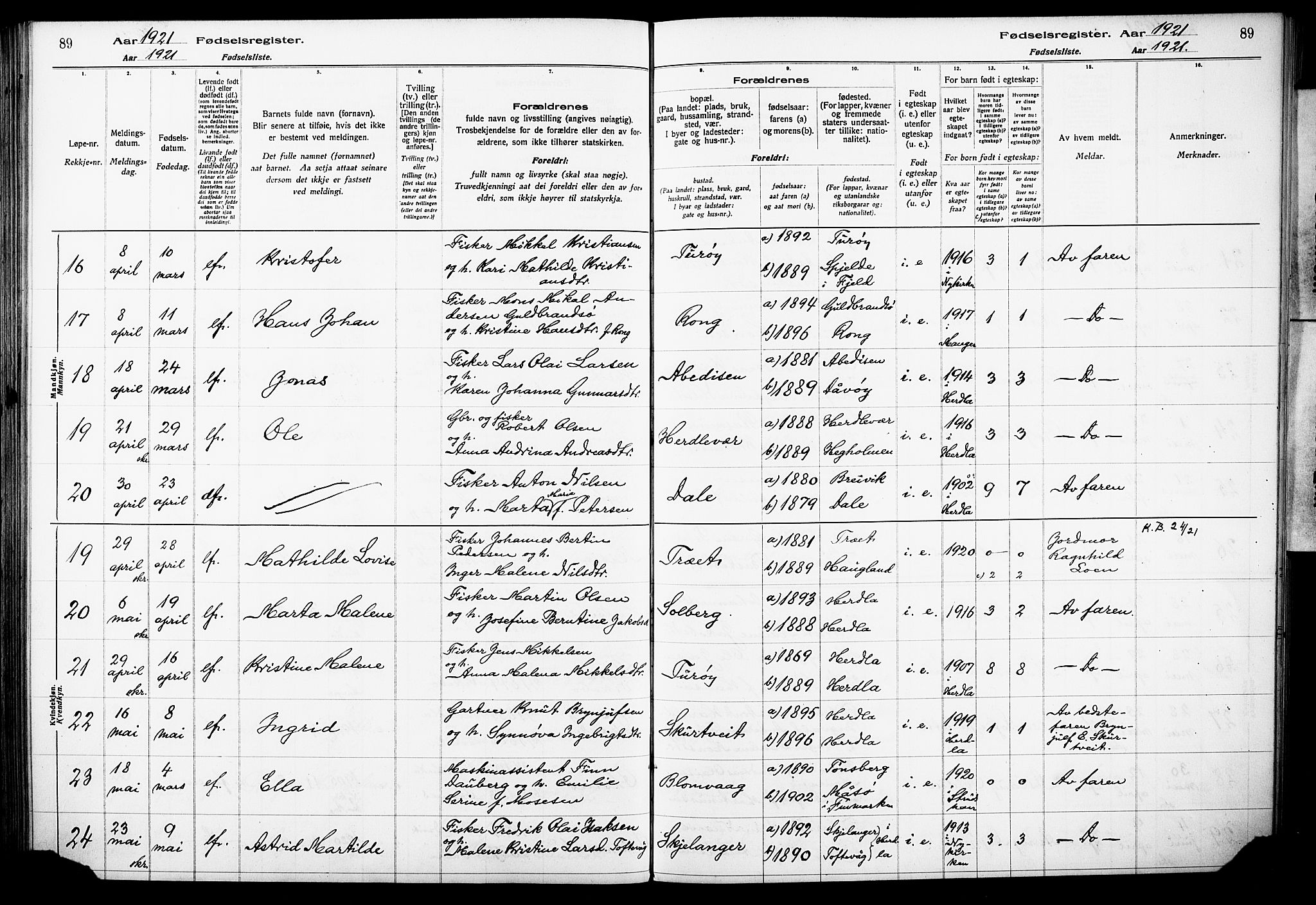 Herdla Sokneprestembete, AV/SAB-A-75701/I/Id/L00A1: Fødselsregister nr. A 1, 1916-1929, s. 89