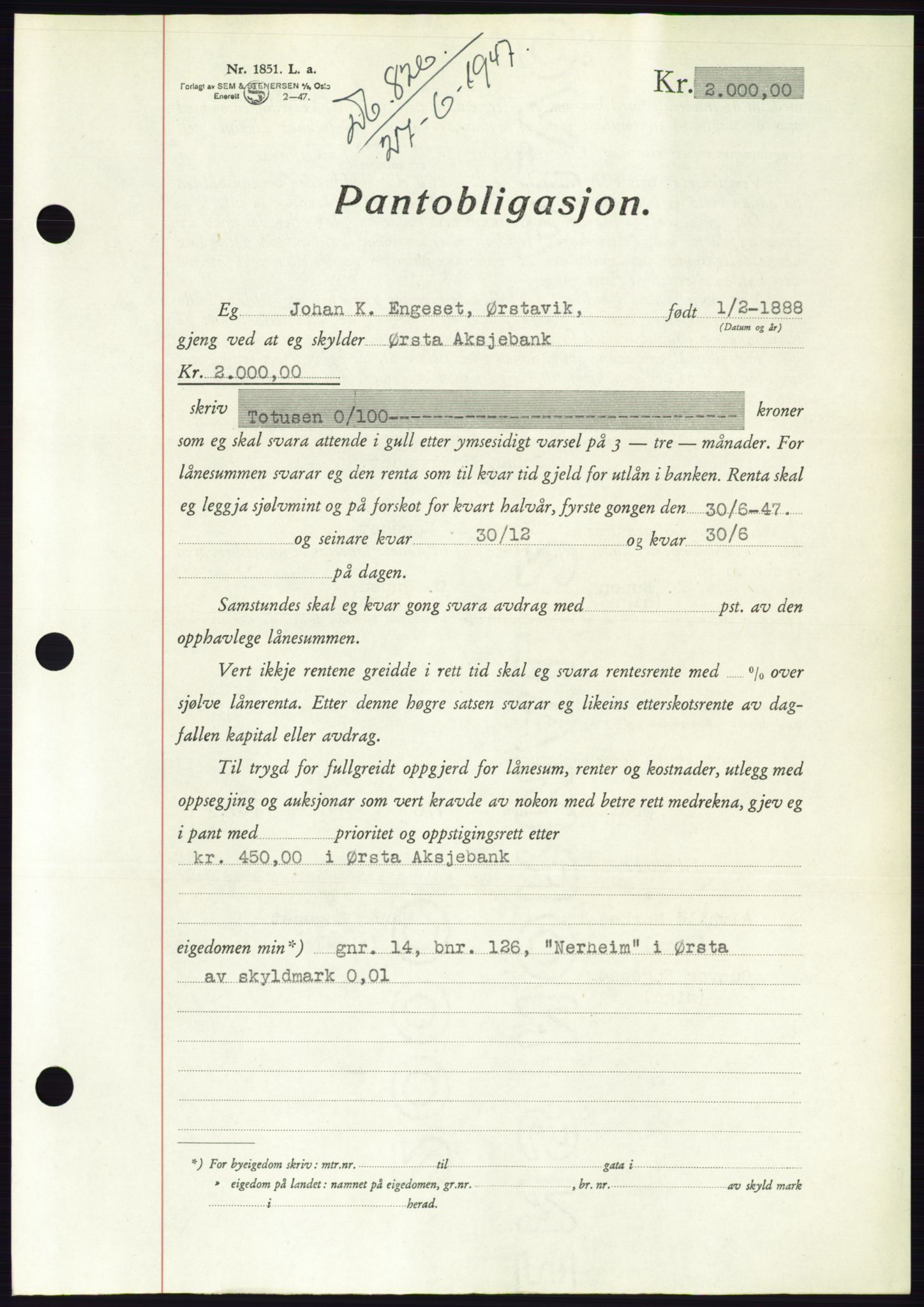 Søre Sunnmøre sorenskriveri, AV/SAT-A-4122/1/2/2C/L0115: Pantebok nr. 3B, 1947-1948, Dagboknr: 826/1947