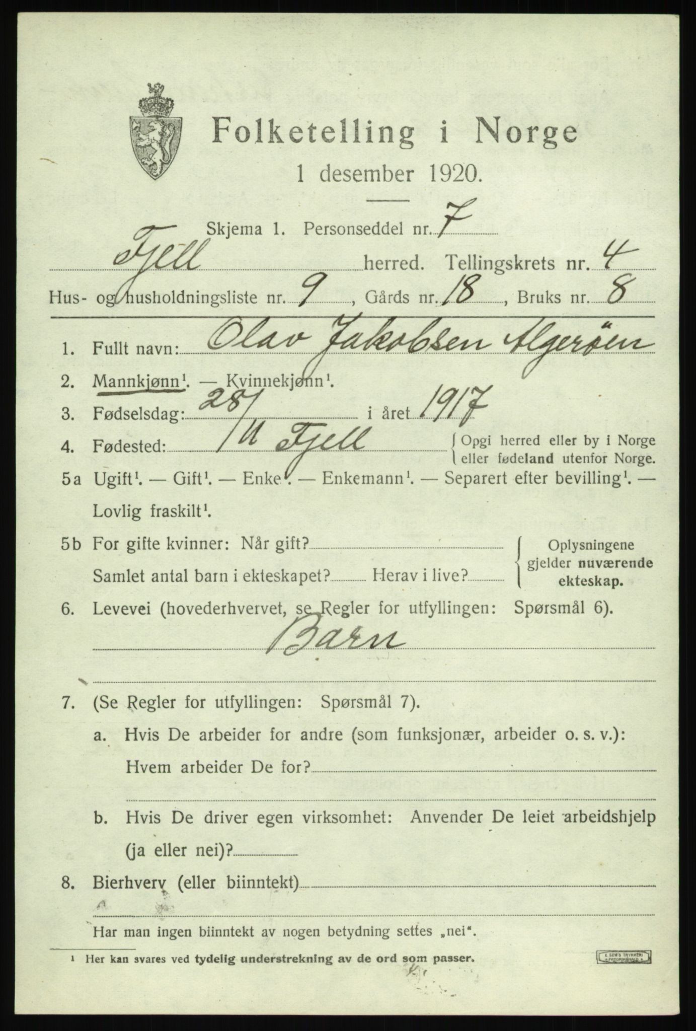 SAB, Folketelling 1920 for 1246 Fjell herred, 1920, s. 3802