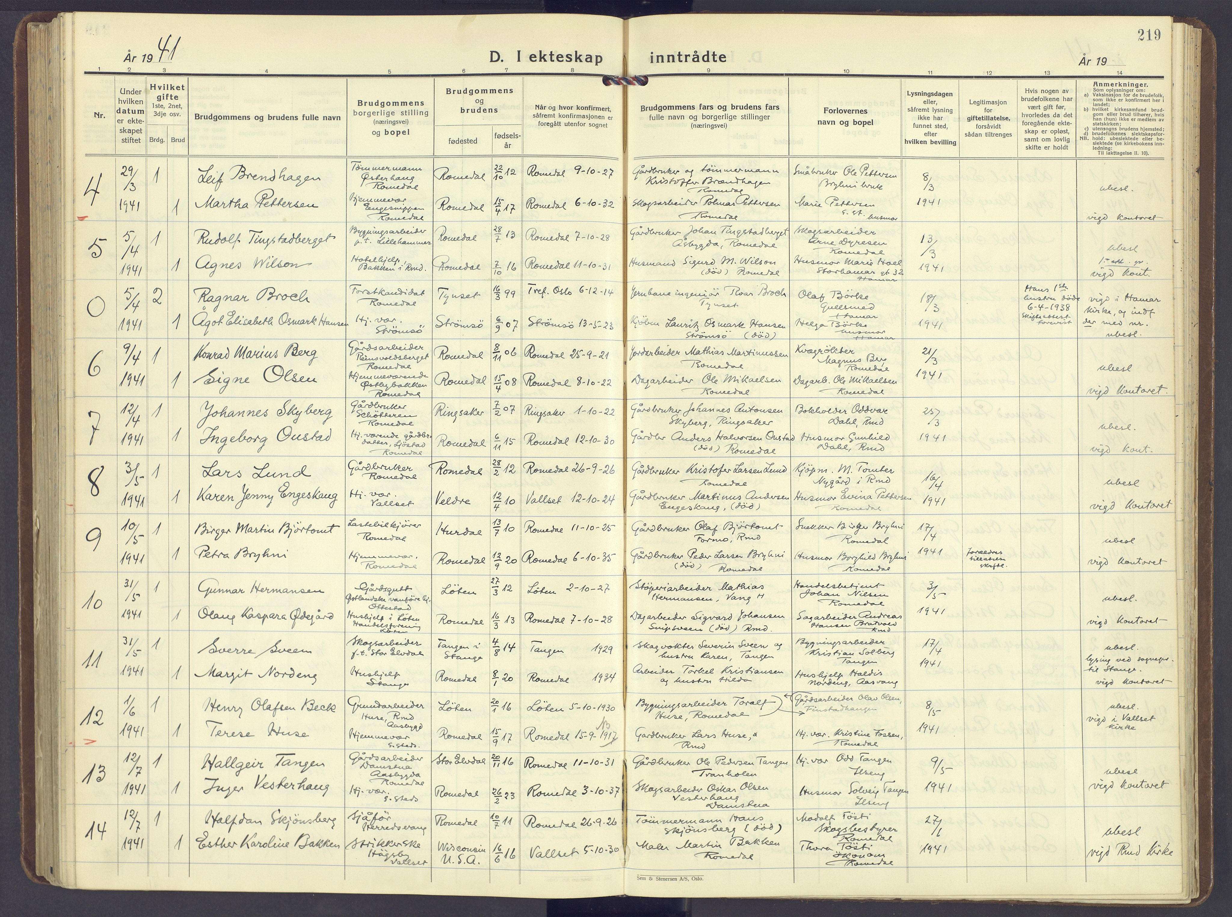 Romedal prestekontor, AV/SAH-PREST-004/K/L0014: Ministerialbok nr. 14, 1936-1949, s. 219