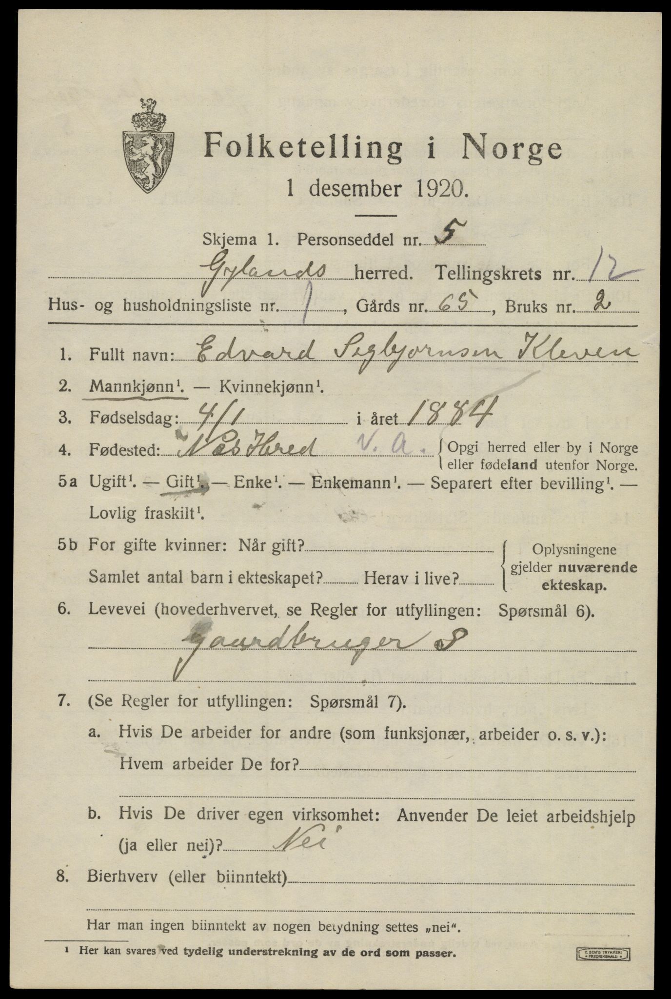 SAK, Folketelling 1920 for 1044 Gyland herred, 1920, s. 2430
