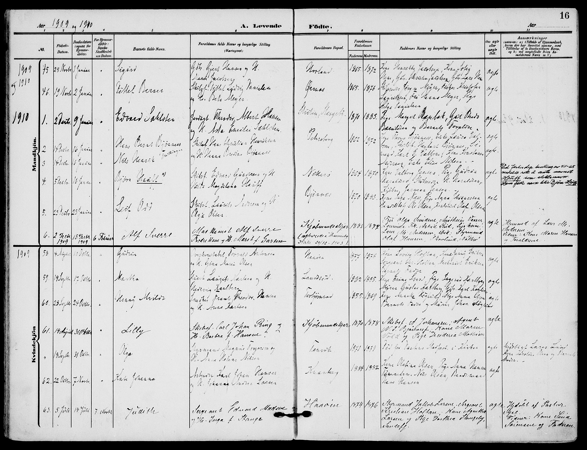 Nøtterøy kirkebøker, AV/SAKO-A-354/F/Fa/L0010: Ministerialbok nr. I 10, 1908-1919, s. 16